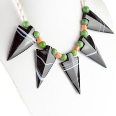 Striated Black Agate Arrow Freshwater Pearl Jade Tribal Warrior Bold Necklace