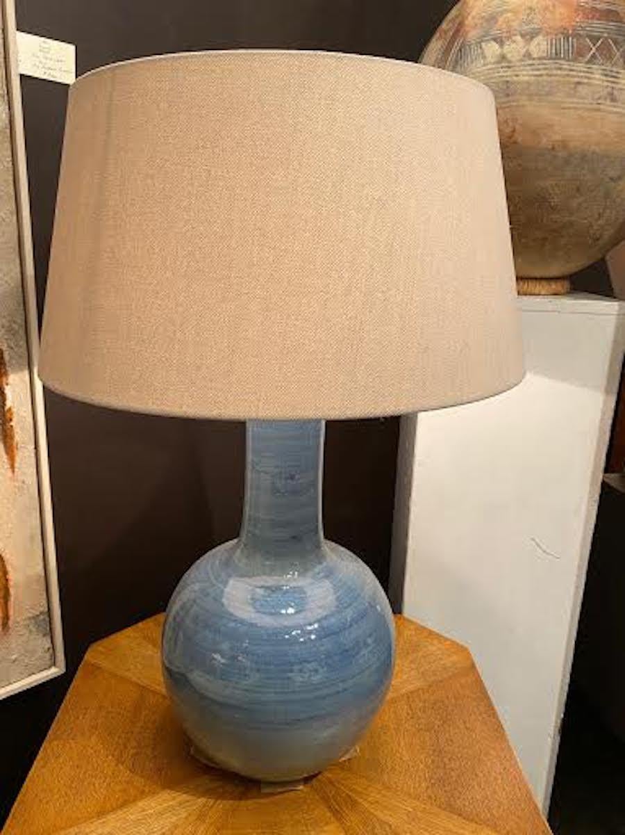 Glazed Striated Blue Pair of Lamps, China, Contemporary