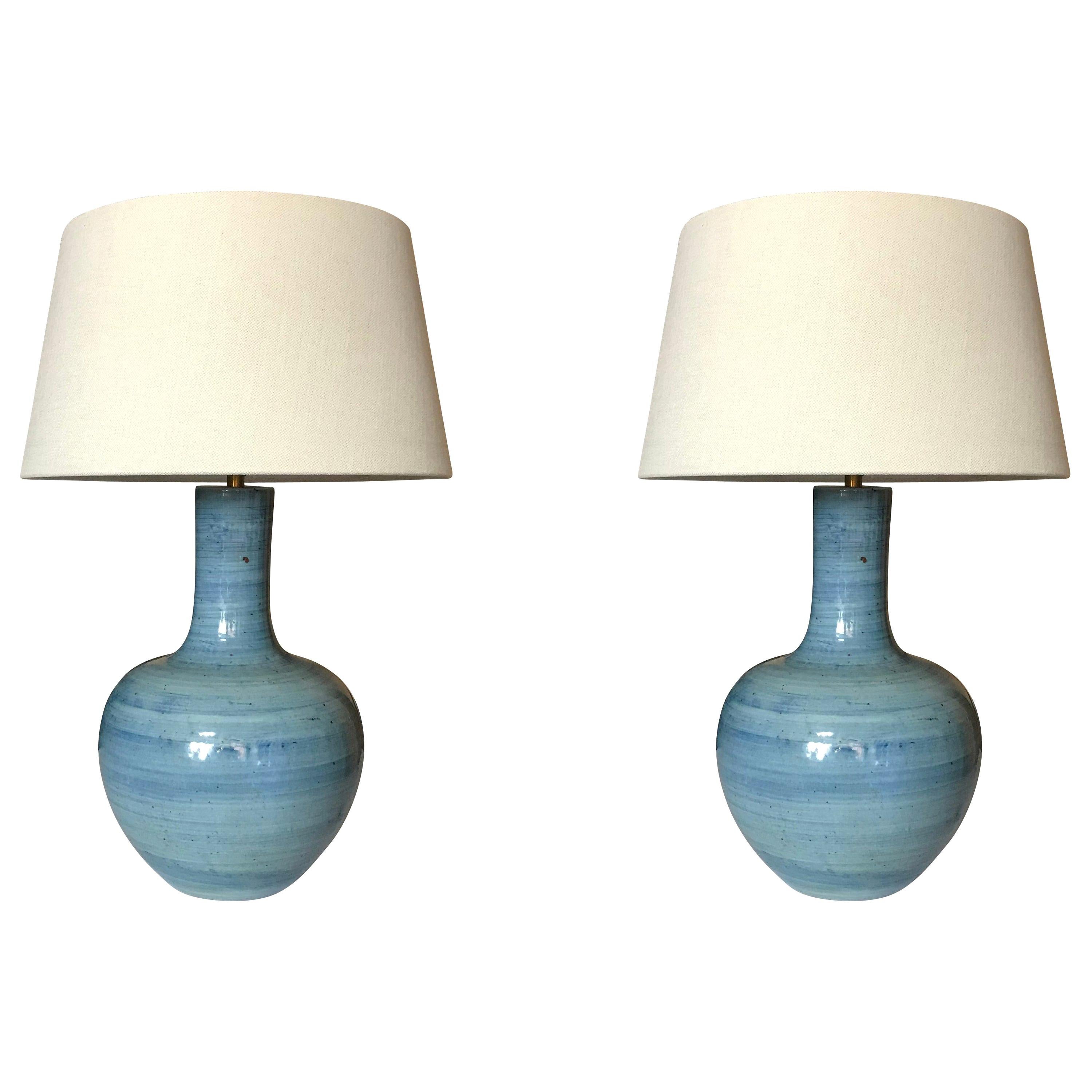 Striated Blue Pair of Lamps, China, Contemporary