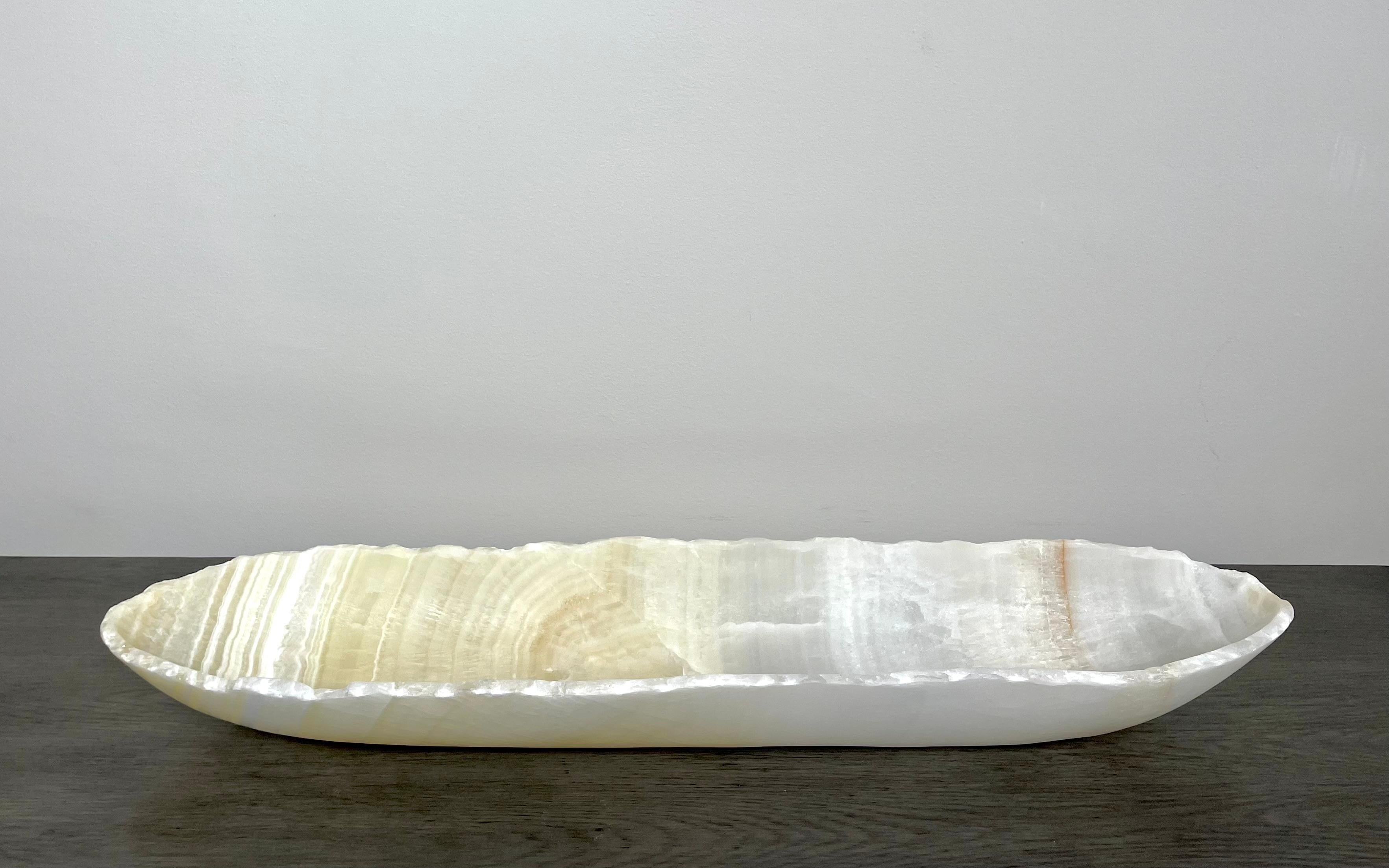 Hand-Carved Striated Canoe Shaped Onyx Bowl For Sale