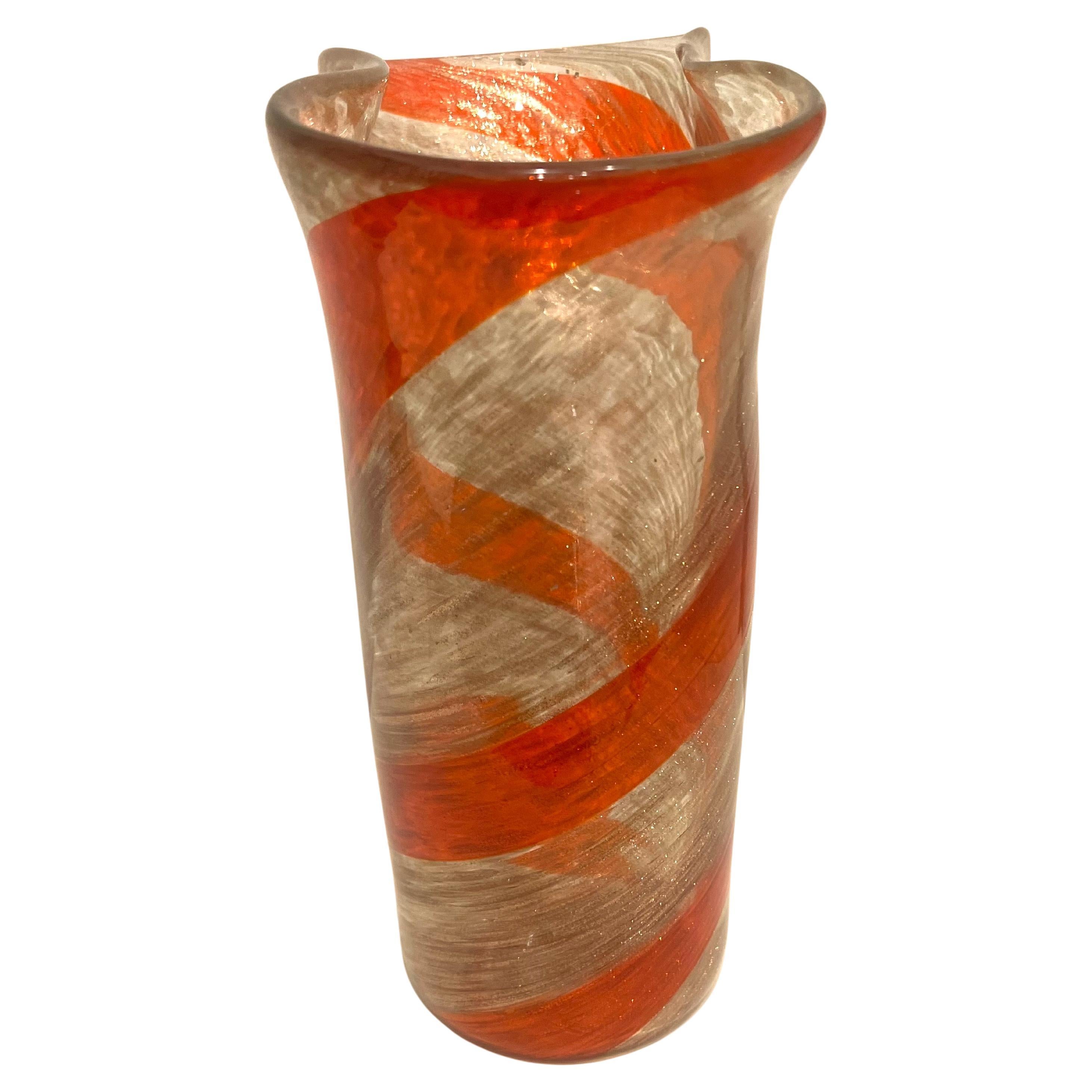 Mid-Century Modern Stricking Ribbon Murano Glass Vase by Fratelli Toso Red Spiral & Avventurine For Sale