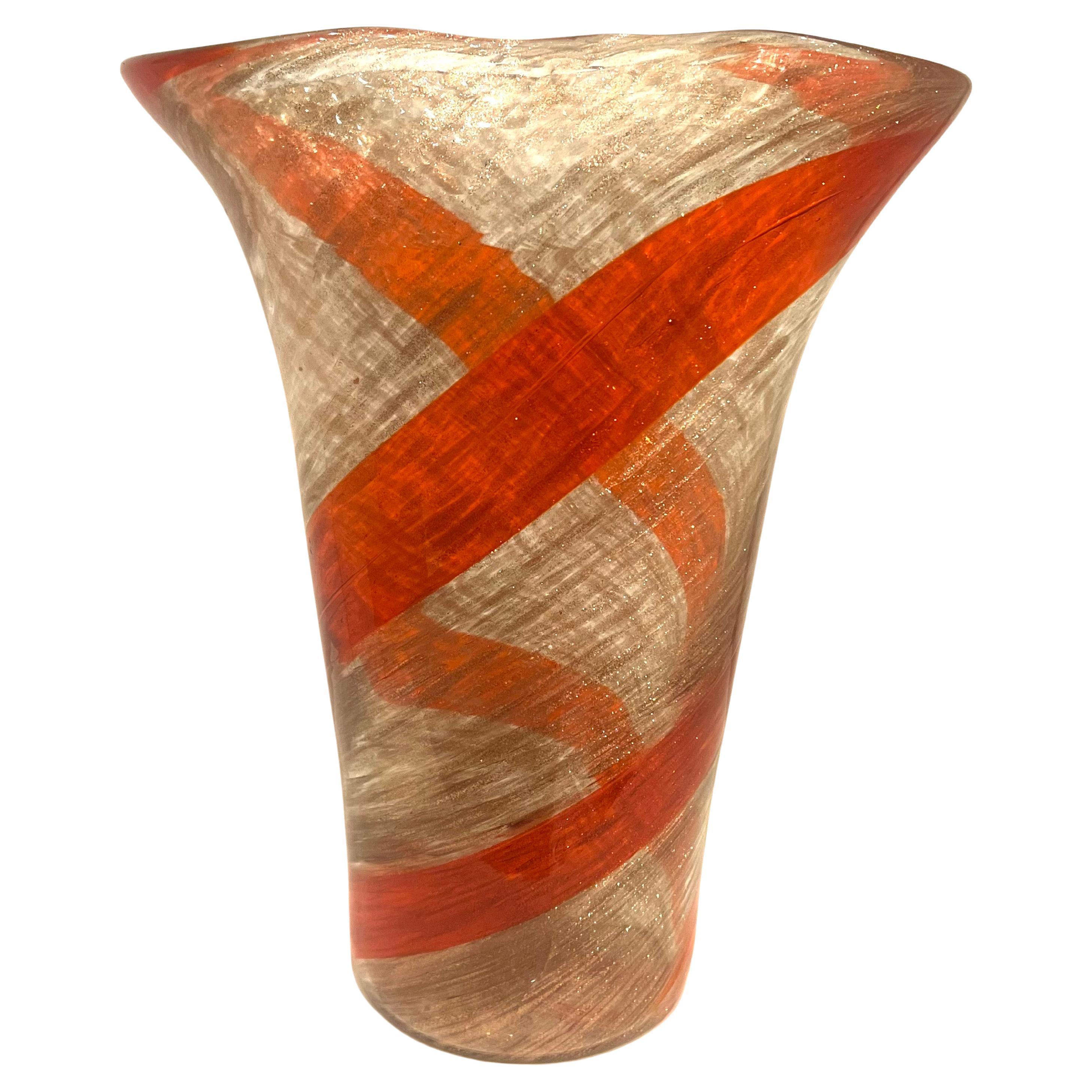 Italian Stricking Ribbon Murano Glass Vase by Fratelli Toso Red Spiral & Avventurine For Sale