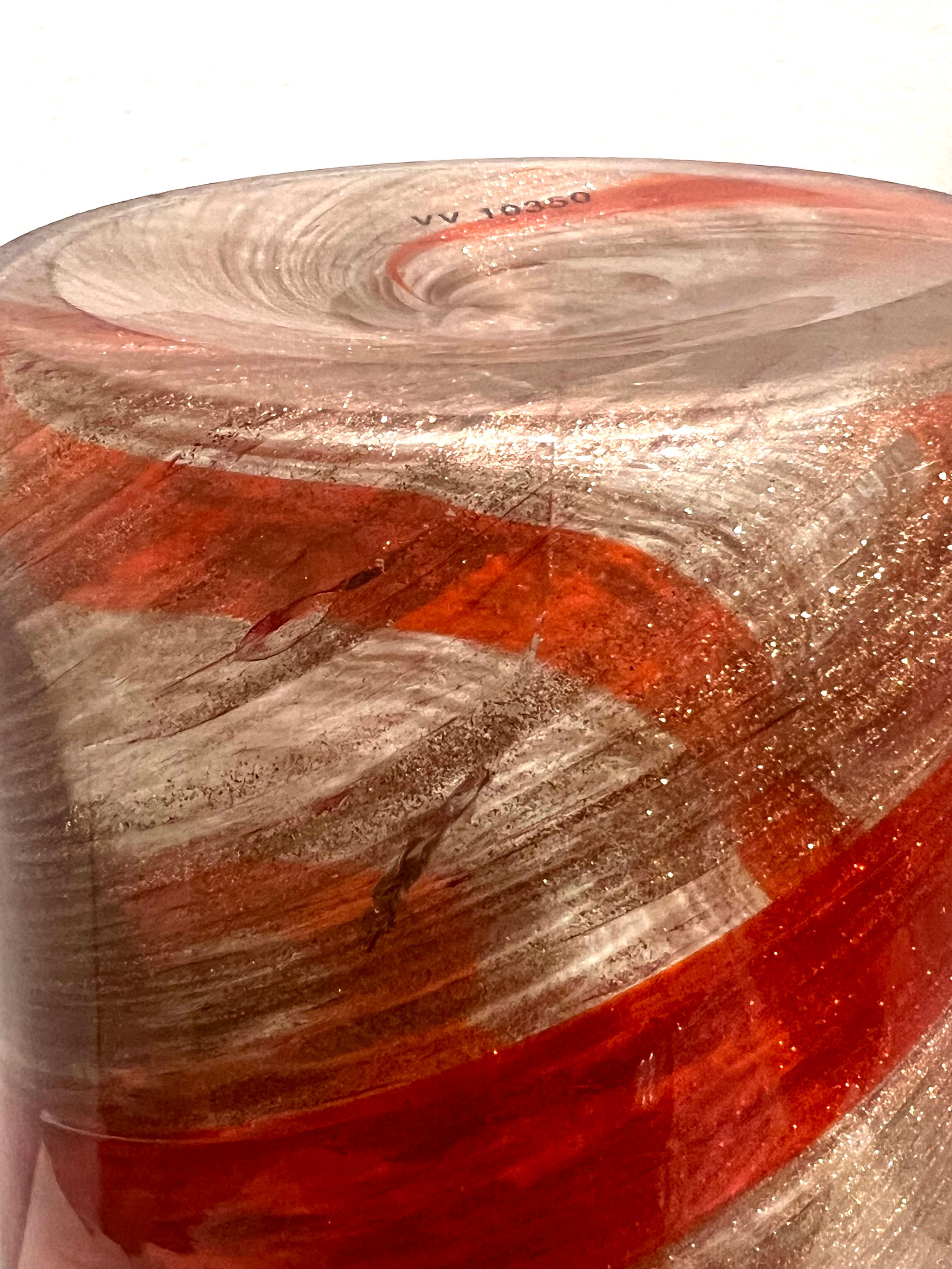 20th Century Stricking Ribbon Murano Glass Vase by Fratelli Toso Red Spiral & Avventurine For Sale