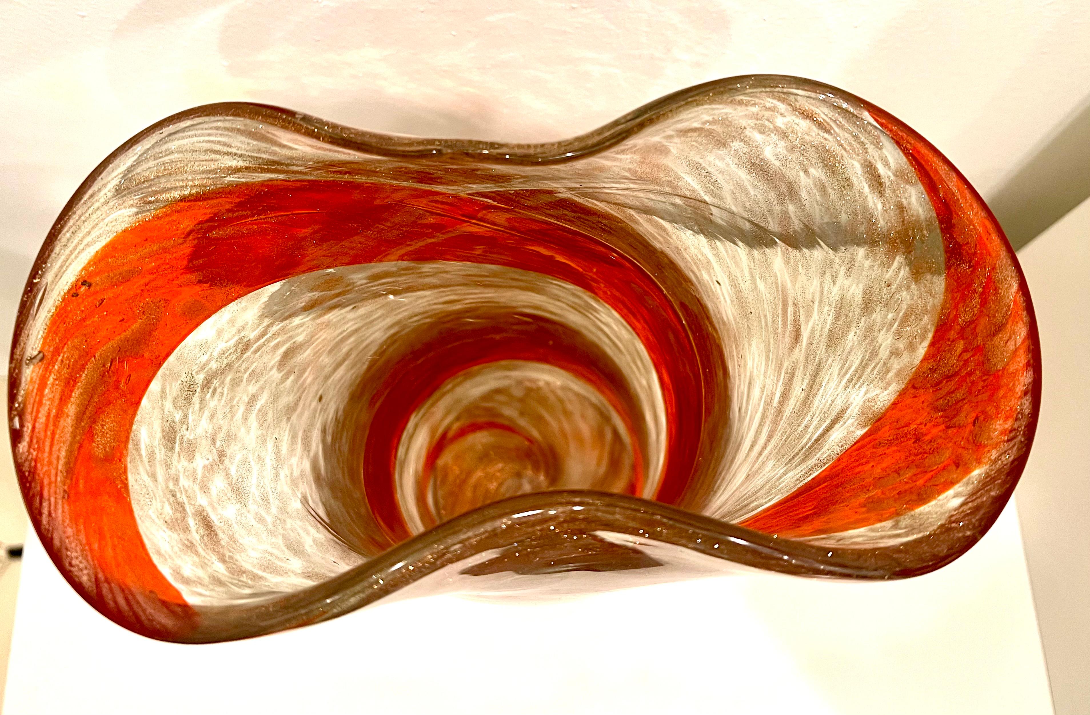 Blown Glass Stricking Ribbon Murano Glass Vase by Fratelli Toso Red Spiral & Avventurine For Sale