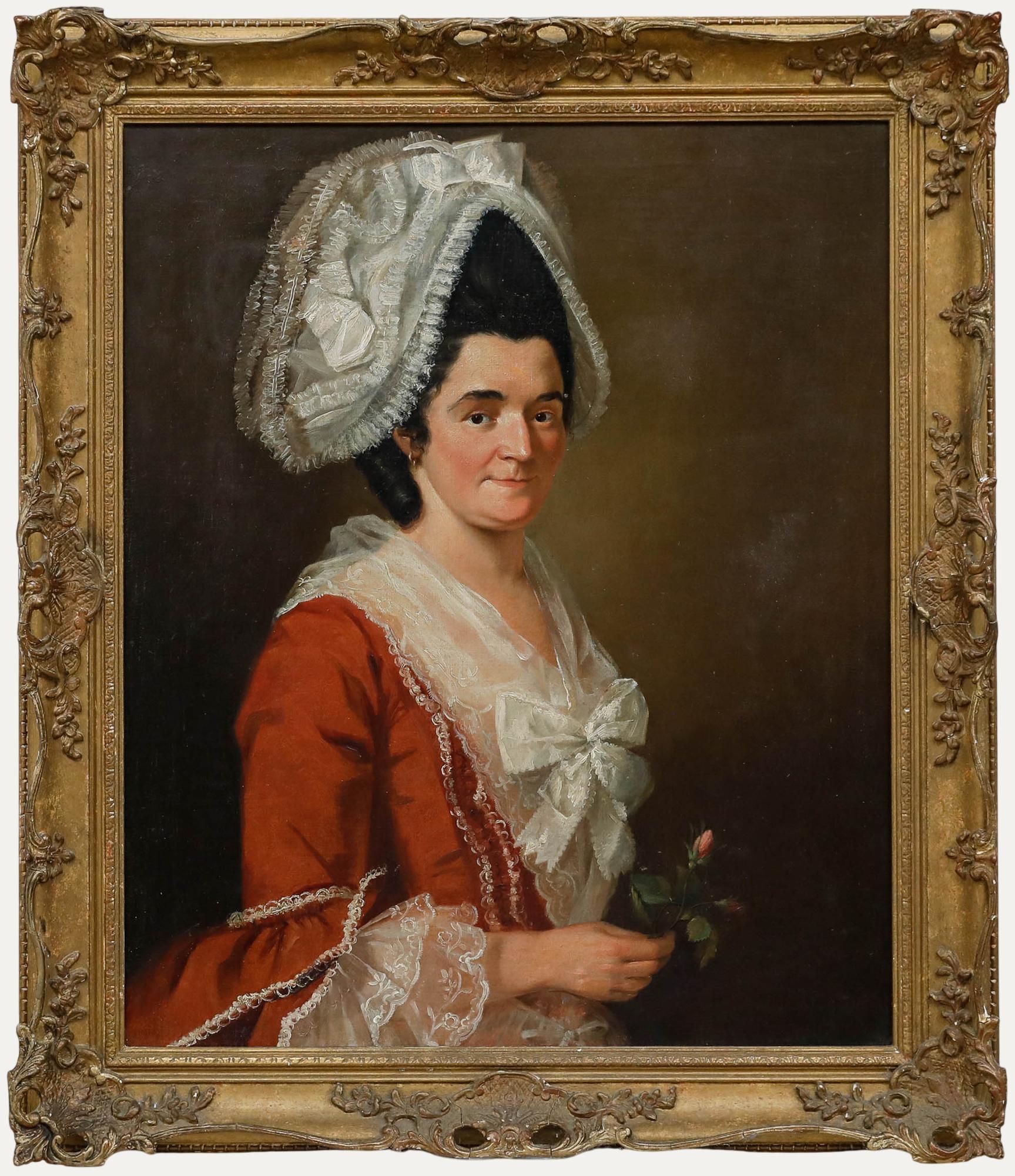 A charming 18th-century half-length portrait depicting a woman in a red silk dress trimmed with delicate white lace. The style is similar to that of Strickland Lowry, who would have been practising around this time.

Unsigned. Presented in a swept