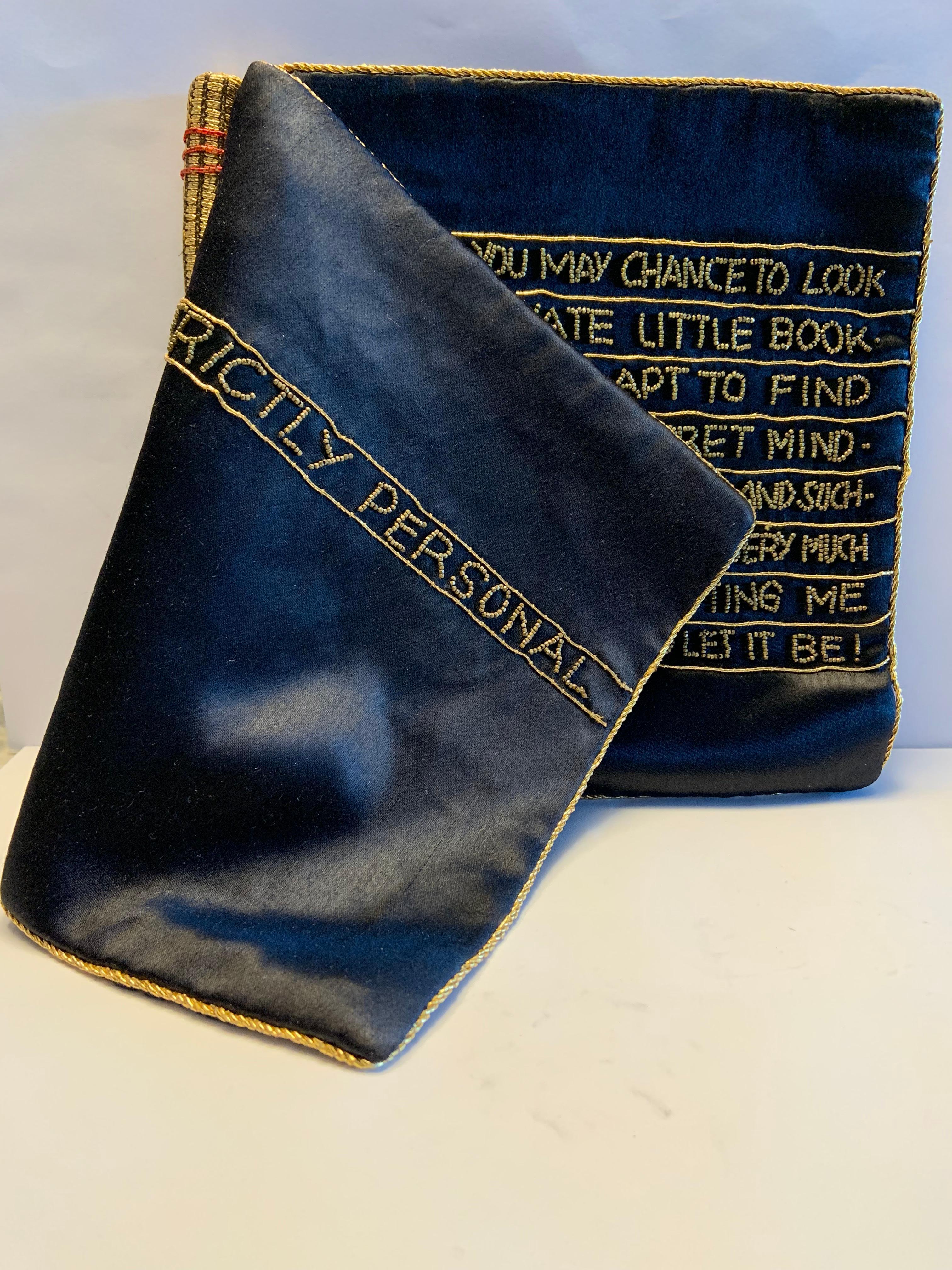  Very witty and a great size for an evening bag, these bags were retailed by high end department stores including Bergdorf Goodman in New York. The left side of the bag is the spine of the book, wrapped in gold metallic braid with red accents. The