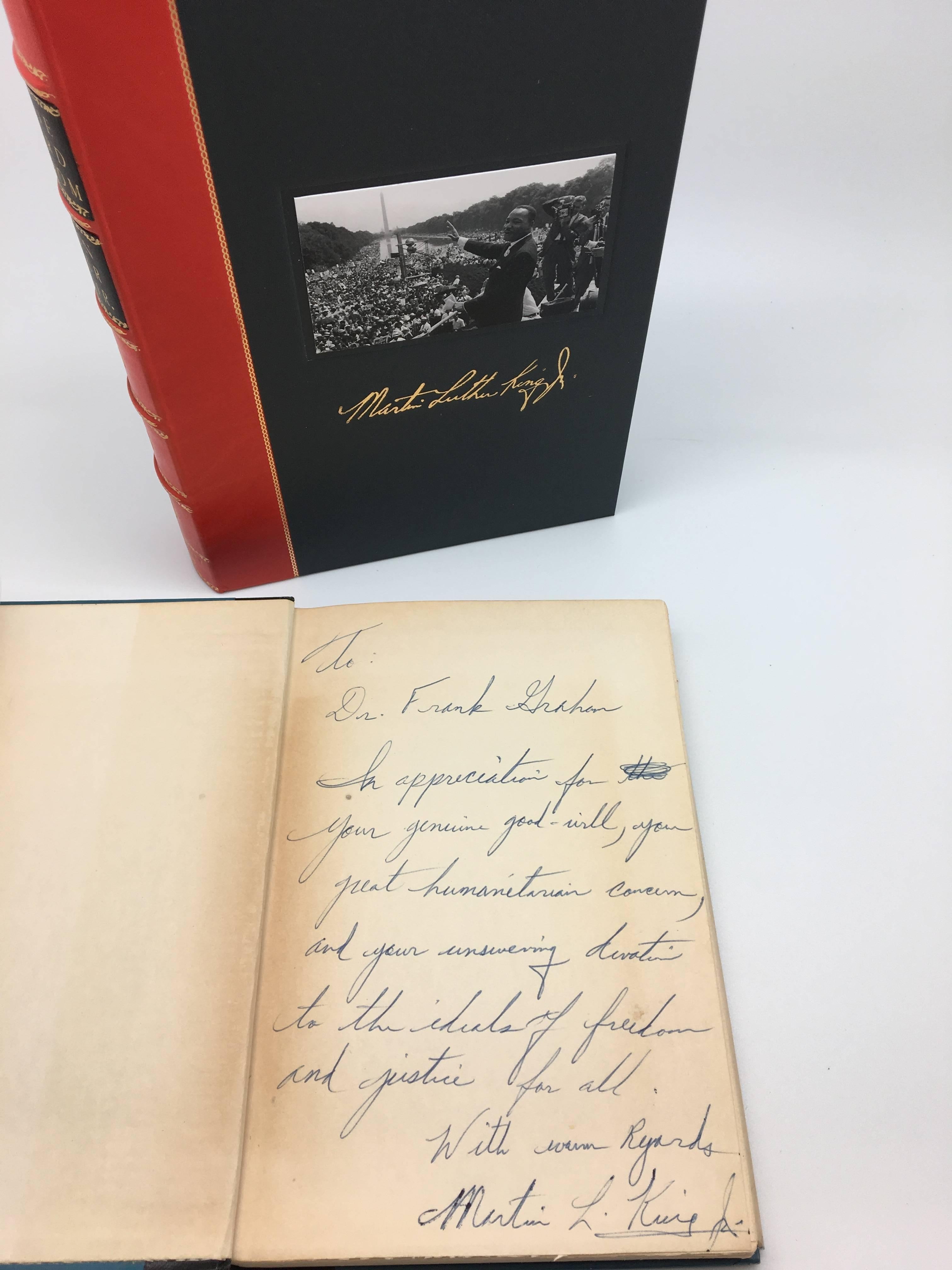 King Jr., Martin Luther. Stride Toward Freedom: The Montgomery Story. New York: Harper and Brothers, 1958. Signed and inscribed first edition. Octavo, original red and blue dust jacket. Housed in matching quarter leather clamshell.

Dr. Martin