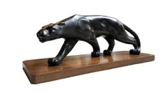 Art Deco Striding Panther Sculpture, Terracotta on Wood Base, 1930
