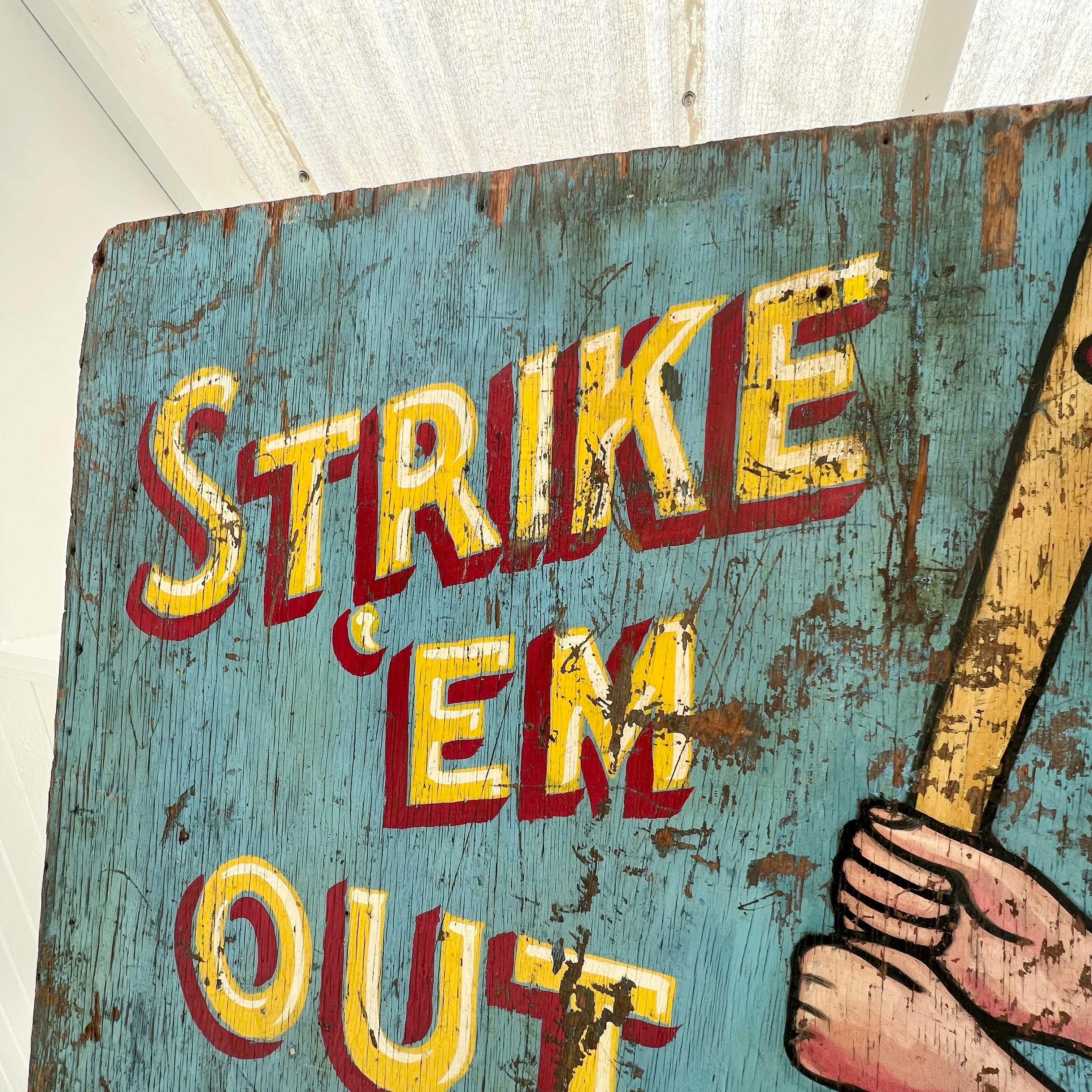 Mid-20th Century 'Strike ‘Em Out’ Carnival Toss Sign, 1940s USA For Sale