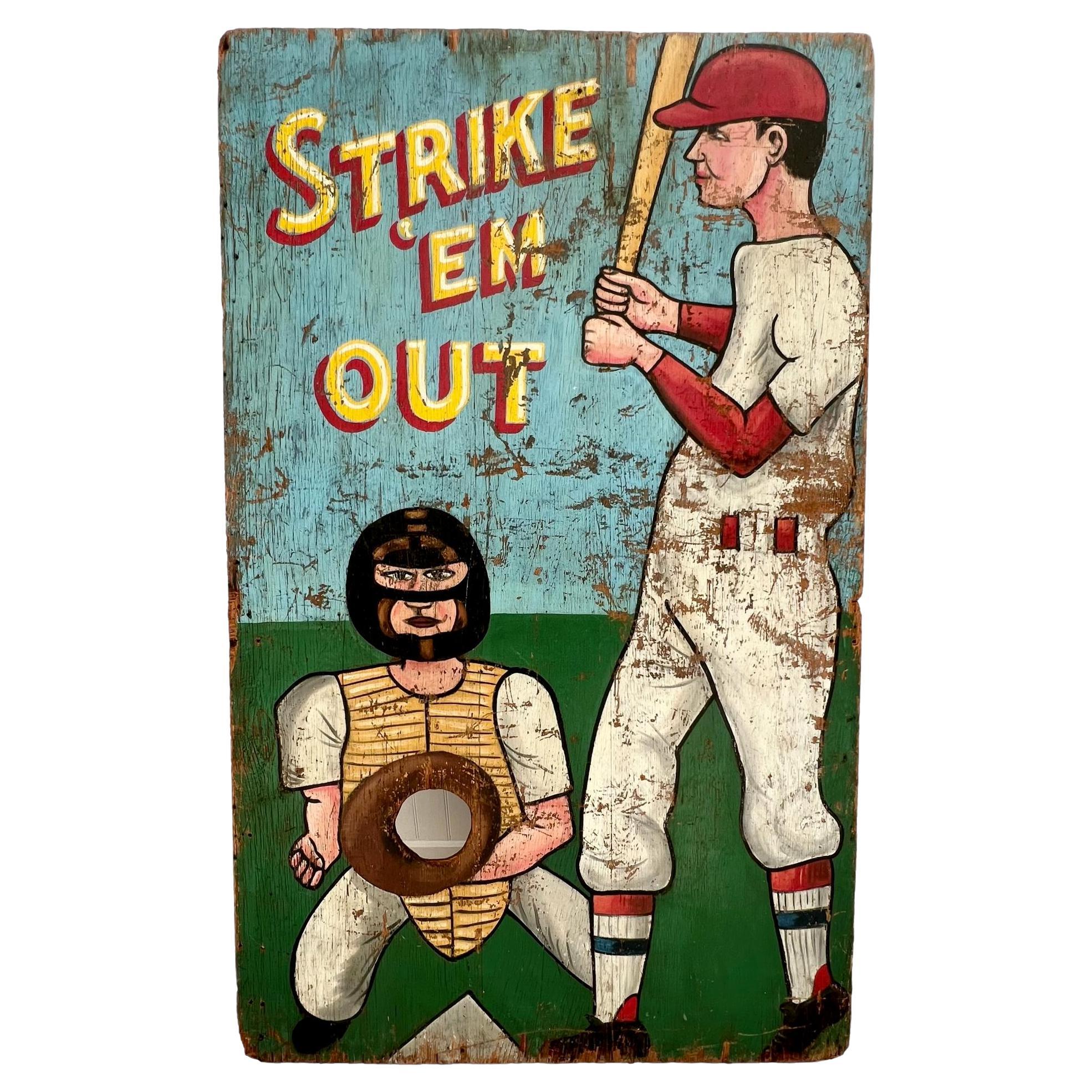 'Strike ‘Em Out’ Carnival Toss Sign, 1940s USA For Sale