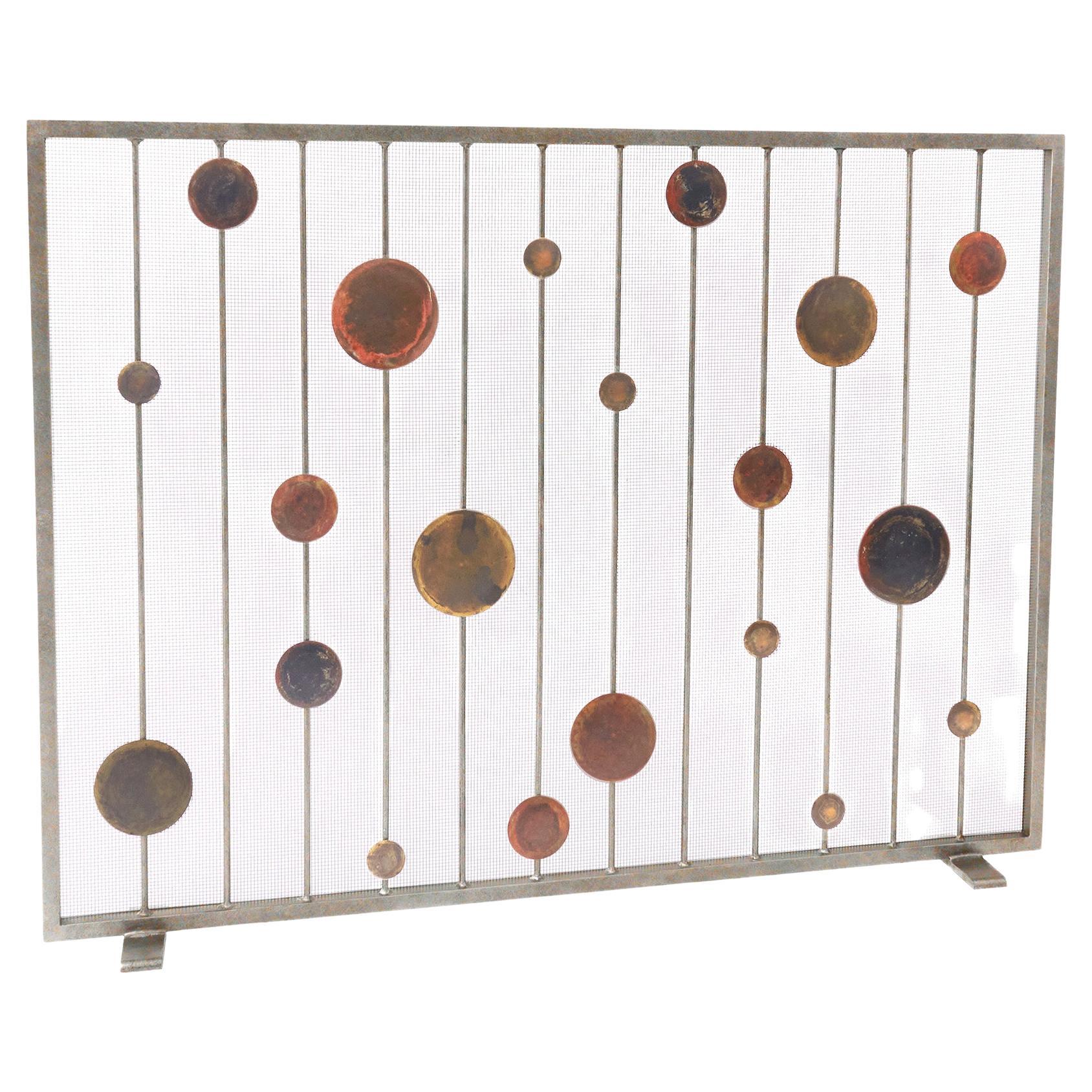 Striker Mid-Century Modern Fireplace Screen With Patina and Aged Silver Frame