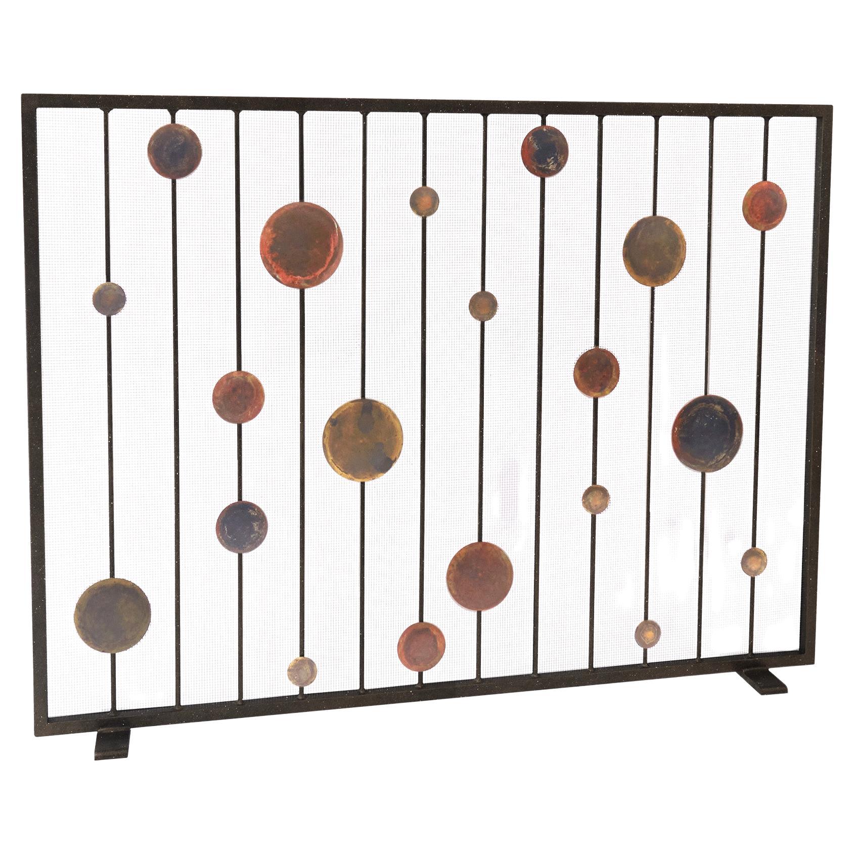 Striker Mid-Century Modern Fireplace Screen With Patina and Warm Black Frame
