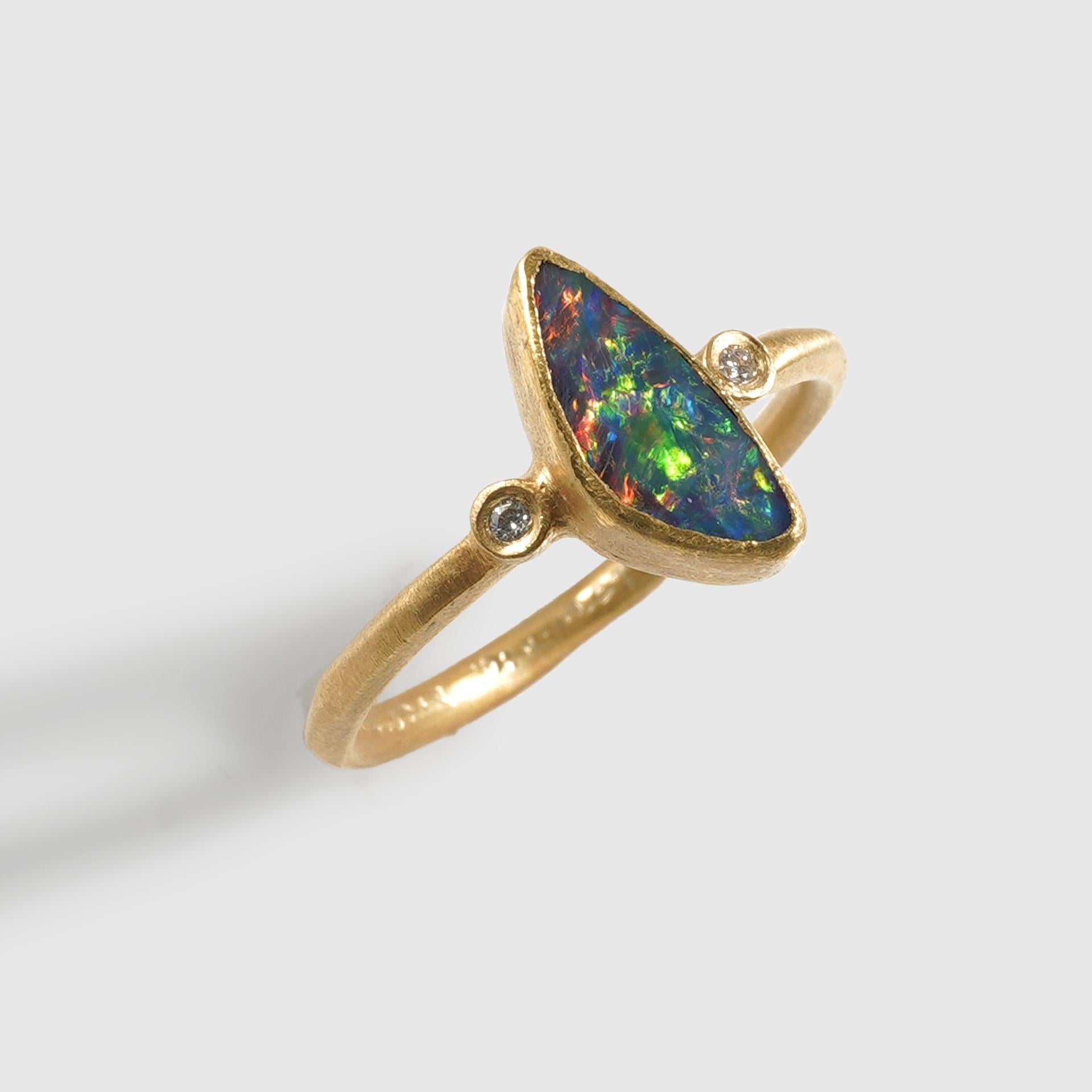 Striking, 1.08ct Freeform Australian Boulder Opal Ring with Diamonds, 24K Yellow, Solid Gold. One of a Kind Ring. This piece would make a great stacker ring with other dainty pieces paired next to it.   The opal rings in the gallery could also make
