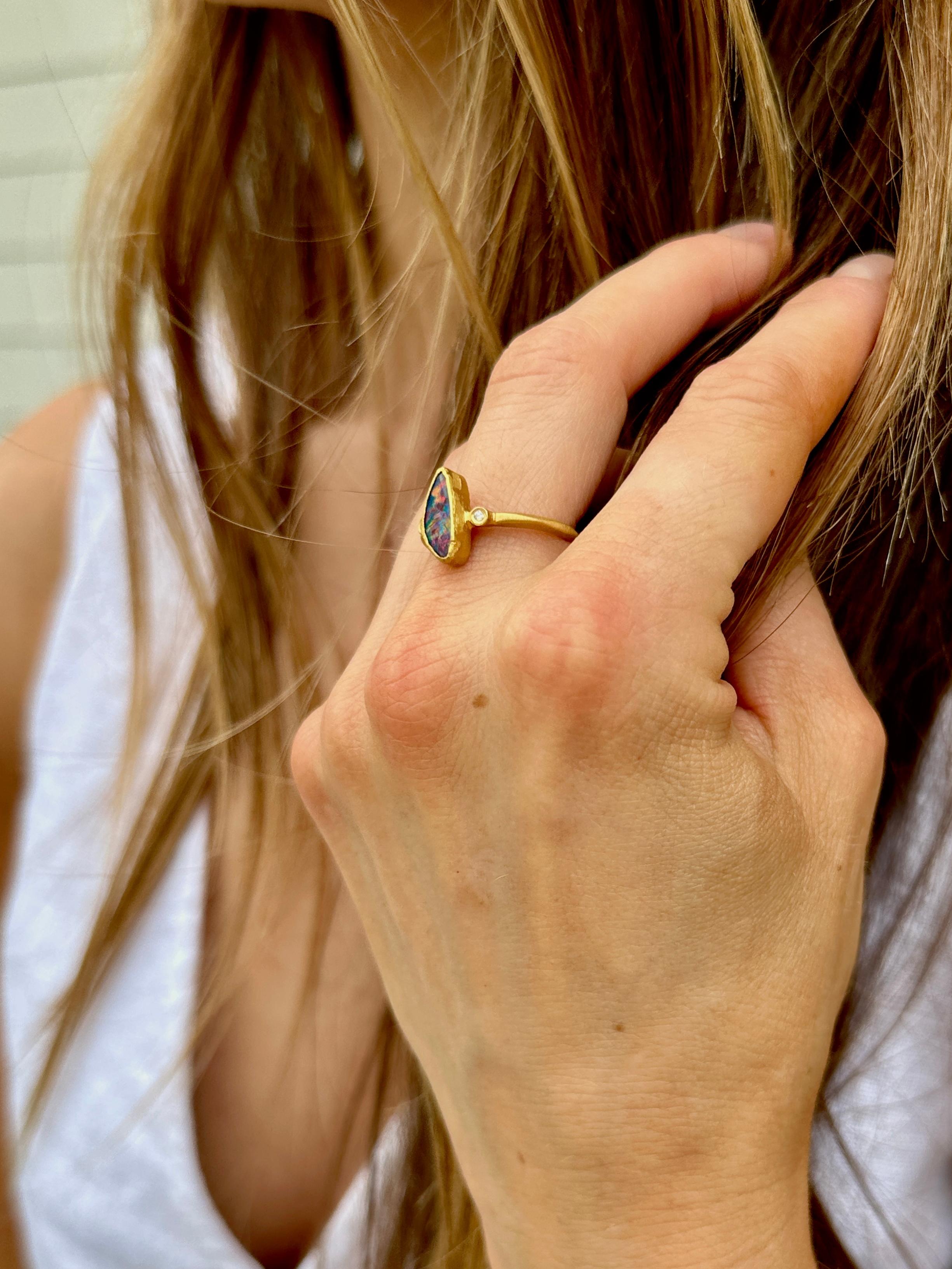 Striking 1.08ct Freeform Australian Boulder Opal Ring with Diamonds, 24K Gold In New Condition For Sale In Bozeman, MT