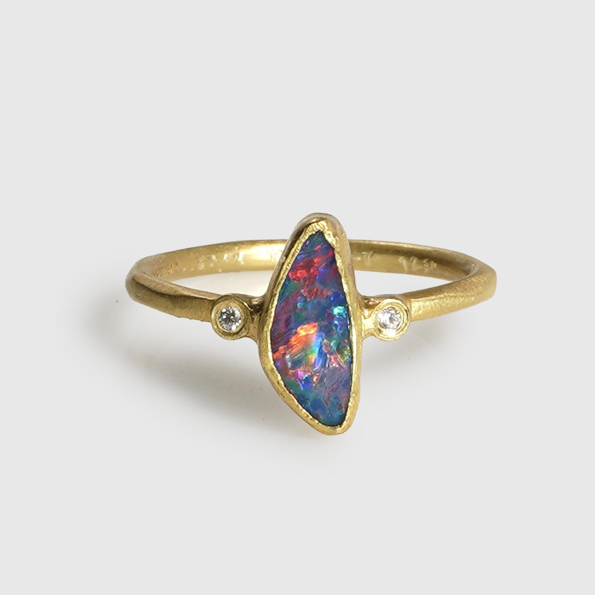 Contemporary Striking 1.08ct Freeform Australian Boulder Opal Ring with Diamonds, 24K Gold For Sale