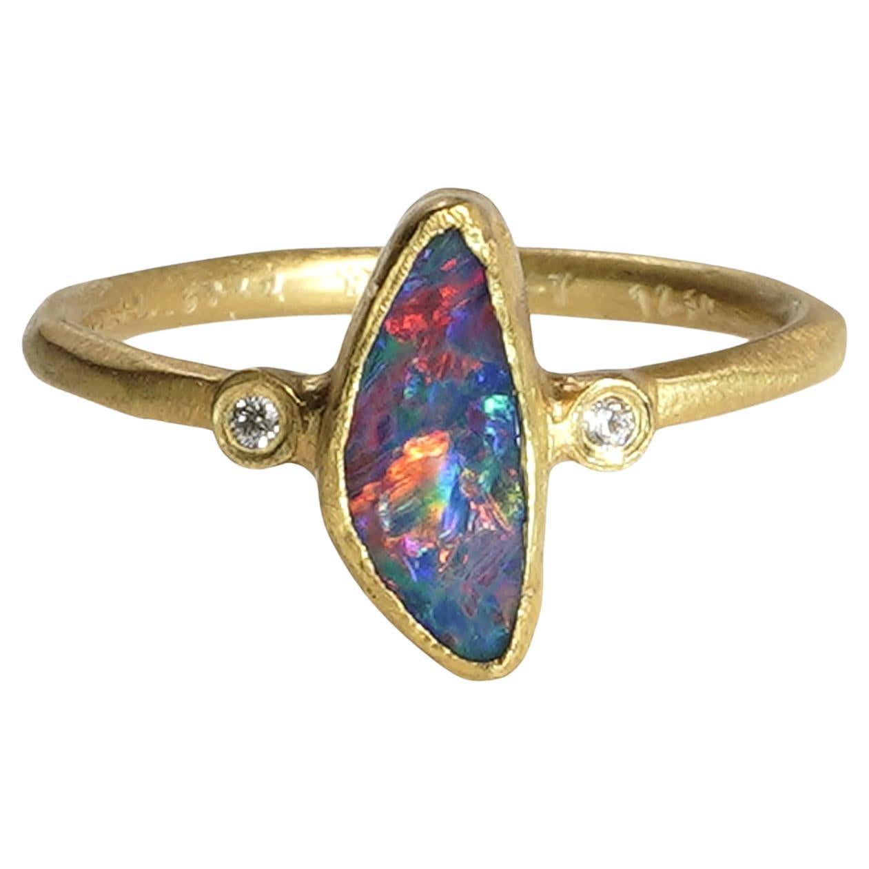 Striking 1.08ct Freeform Australian Boulder Opal Ring with Diamonds, 24K Gold For Sale