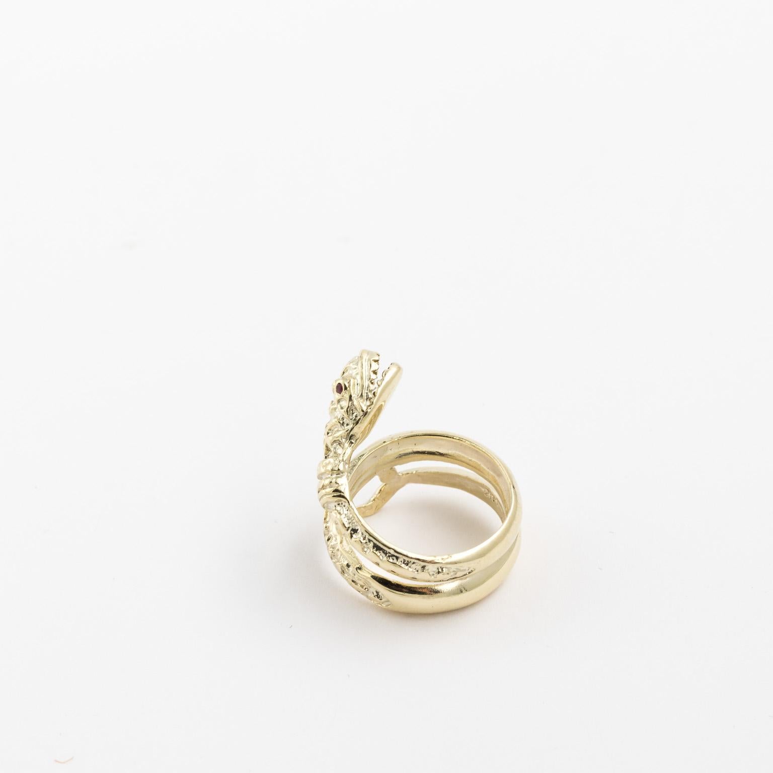 Striking 14 Karat Yellow Gold Double Wrap Coiled Snake Ring with Ruby Eyes In Good Condition For Sale In St.amford, CT