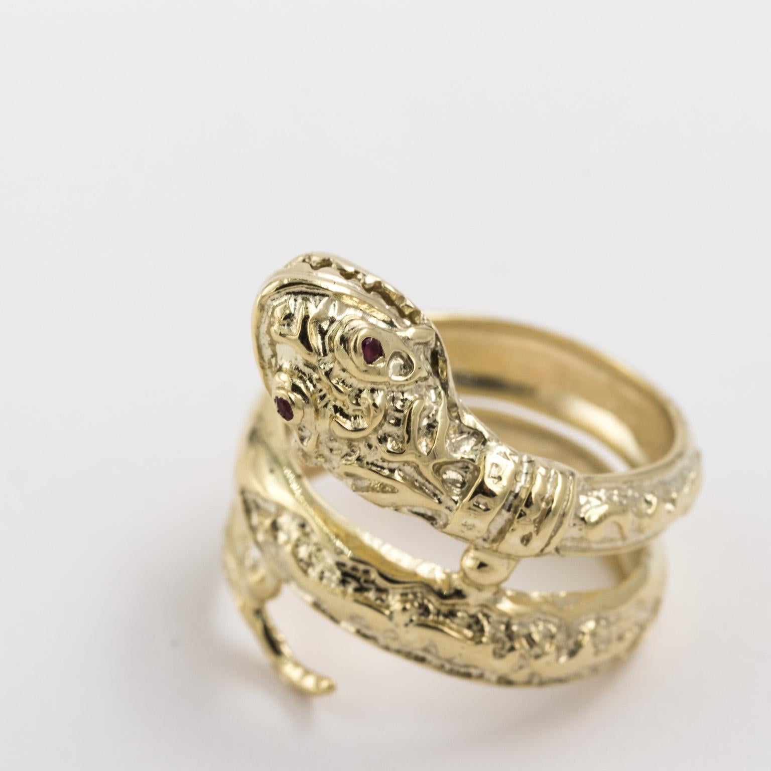 Women's Striking 14 Karat Yellow Gold Double Wrap Coiled Snake Ring with Ruby Eyes For Sale
