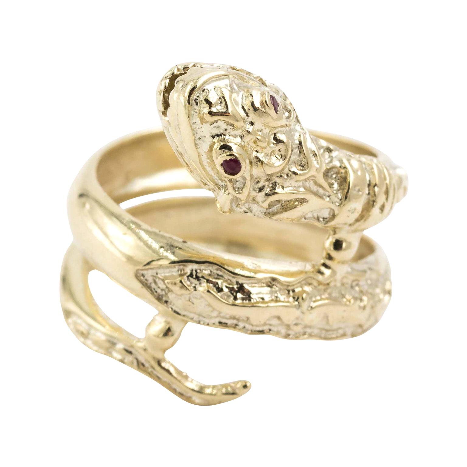 Striking 14 Karat Yellow Gold Double Wrap Coiled Snake Ring with Ruby Eyes For Sale