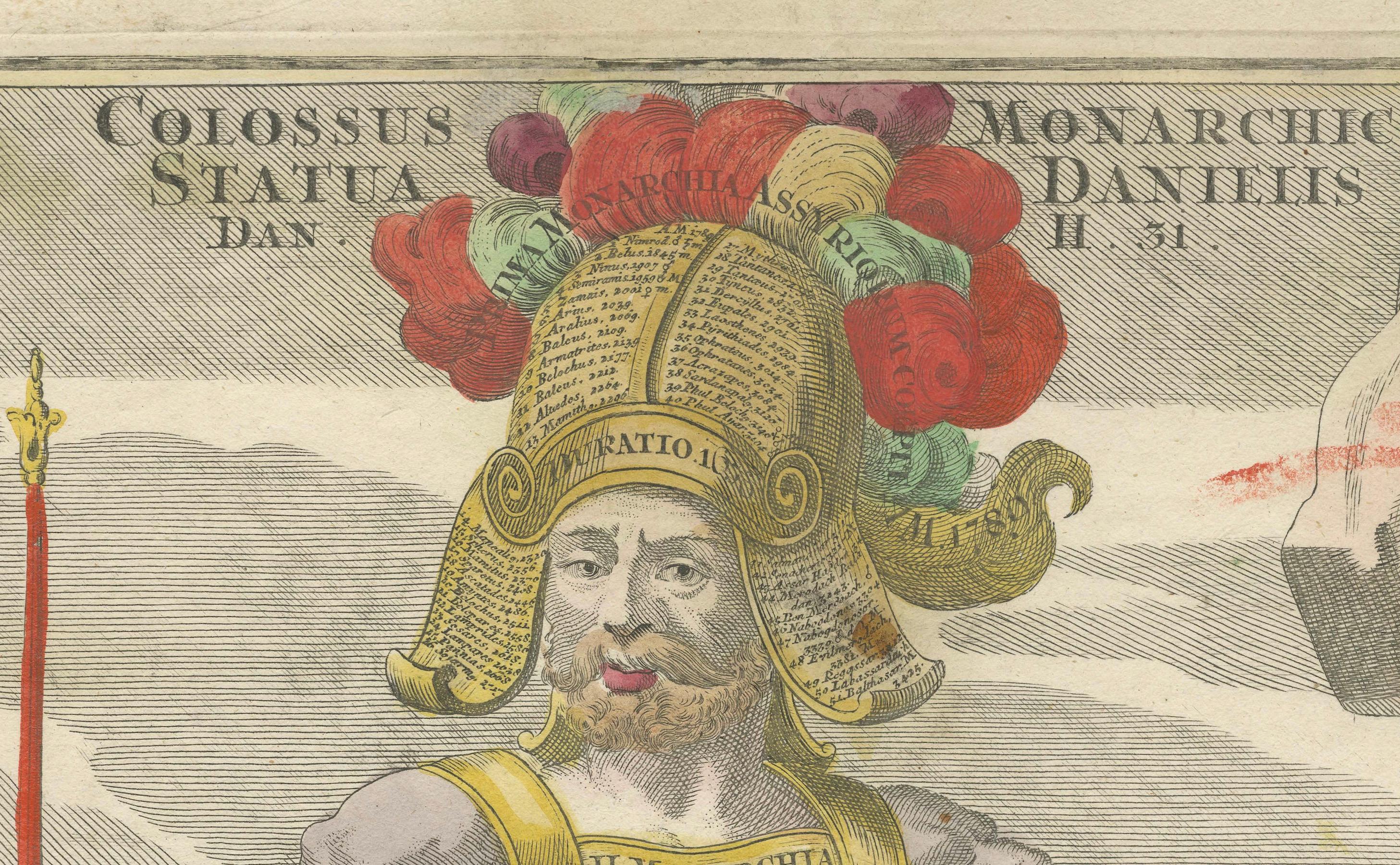 Titolo: Straordinaria incisione del 1740 del Colosso raffigurante il sogno del re Nabucodonosor  

Descrizione:  Questa vivace incisione del 1740, intitolata *Colosso Monarchico Statua Danielis Dan. II. 31*, è stato pubblicato ad Augsburg e offre