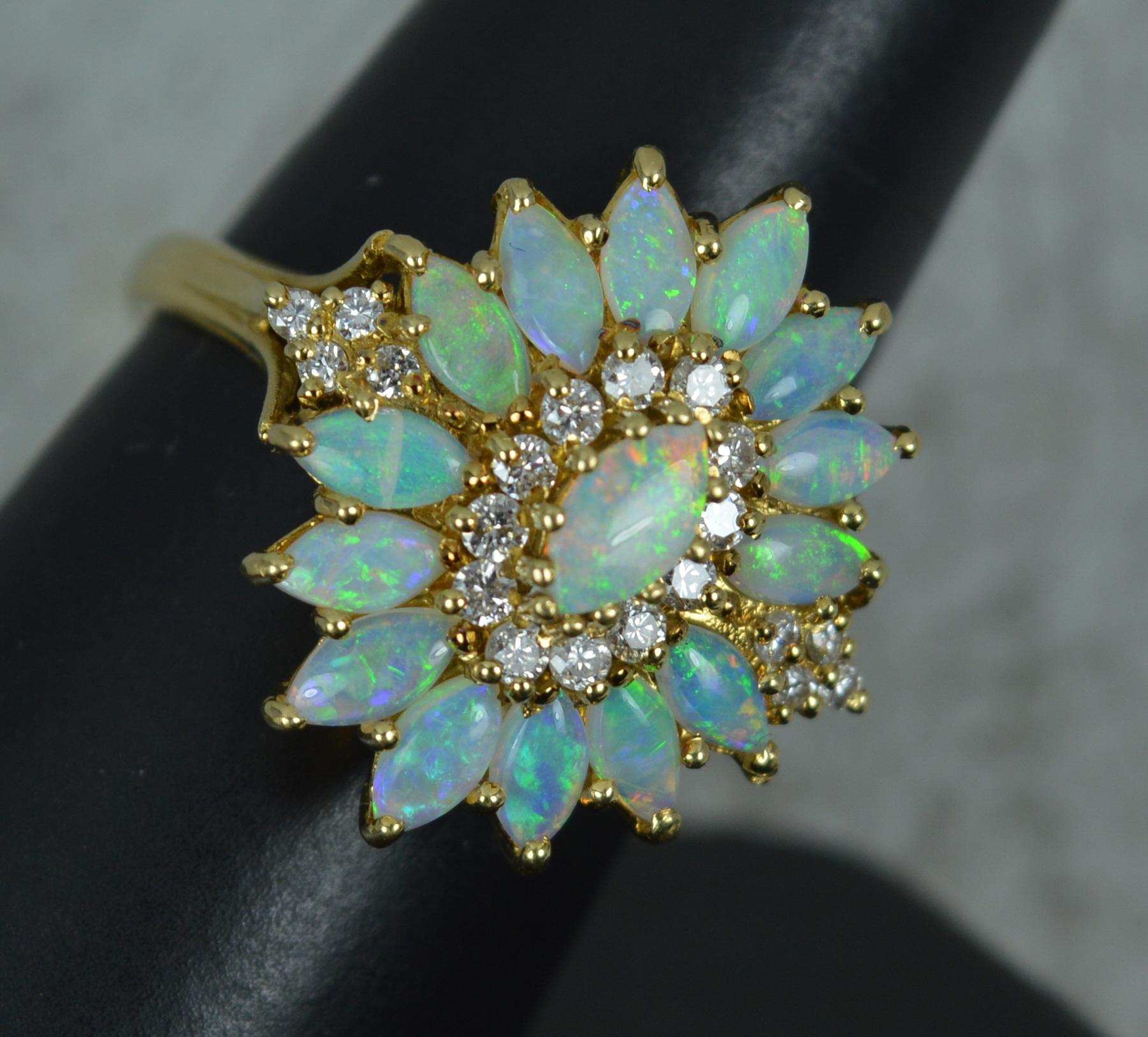 Striking 18 Carat Gold Natural Opal and Diamond Cluster Cocktail Ring For Sale 7