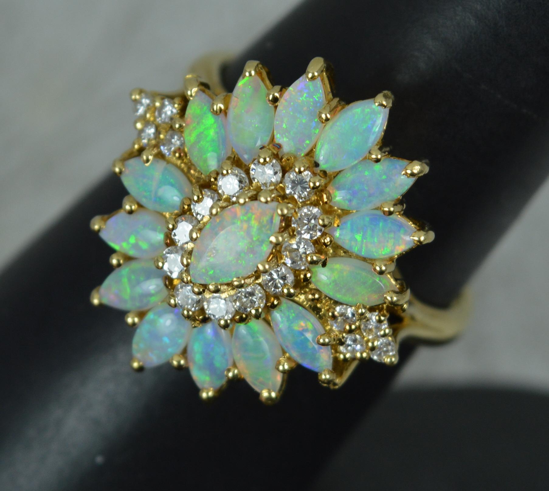 Striking 18 Carat Gold Natural Opal and Diamond Cluster Cocktail Ring 8