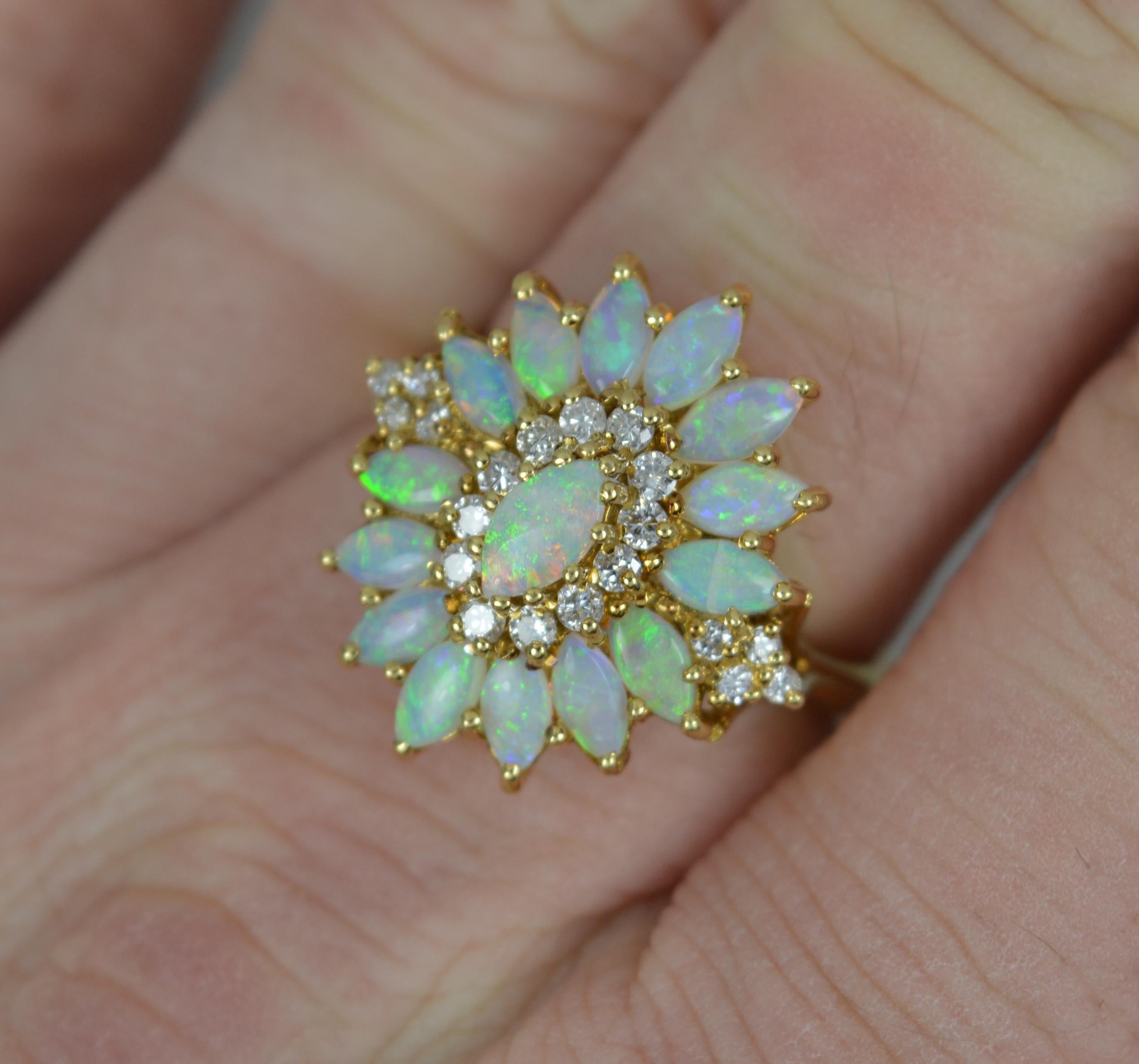 Marquise Cut Striking 18 Carat Gold Natural Opal and Diamond Cluster Cocktail Ring For Sale