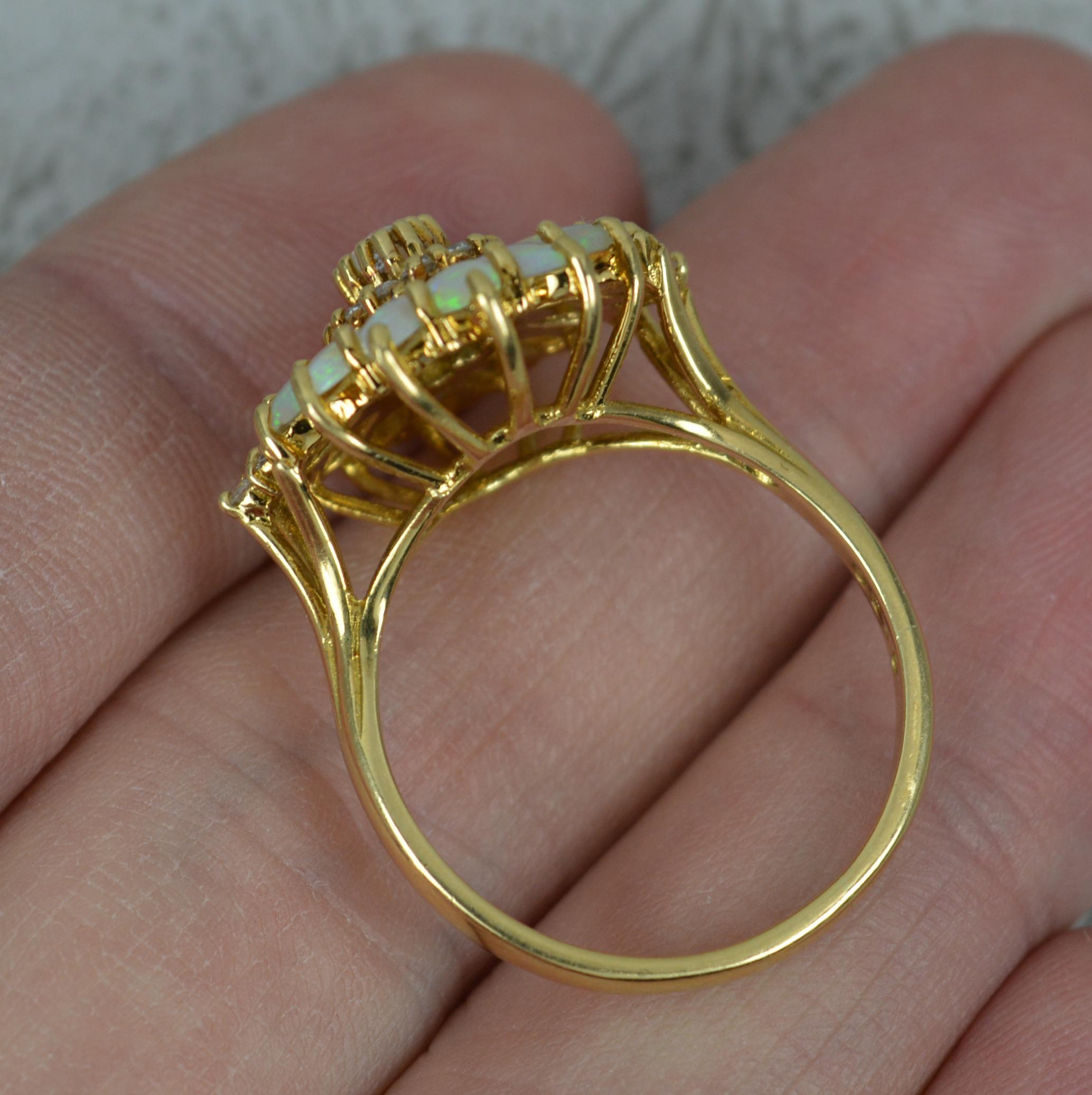 Striking 18 Carat Gold Natural Opal and Diamond Cluster Cocktail Ring In Good Condition For Sale In St Helens, GB