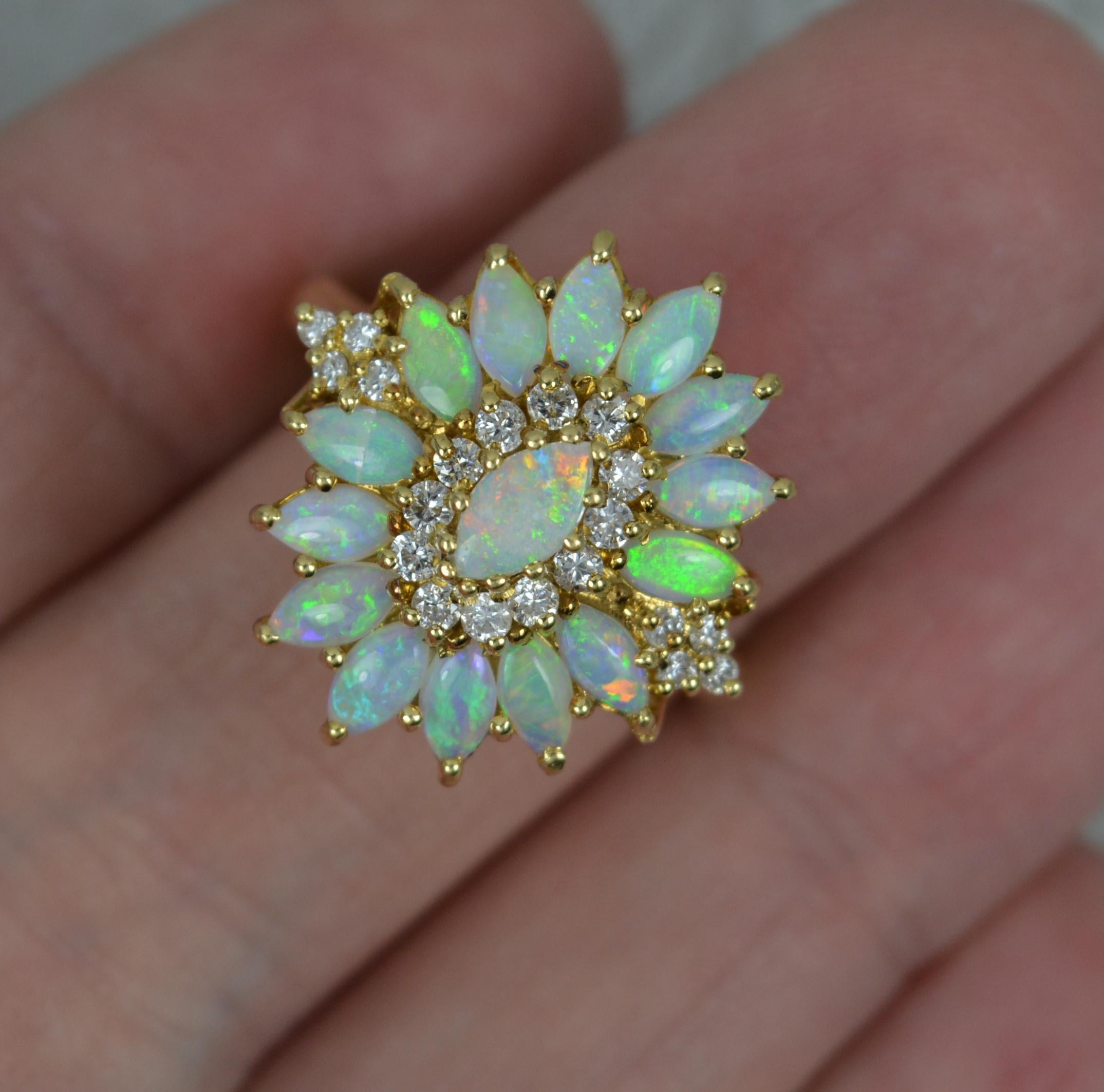 Women's Striking 18 Carat Gold Natural Opal and Diamond Cluster Cocktail Ring