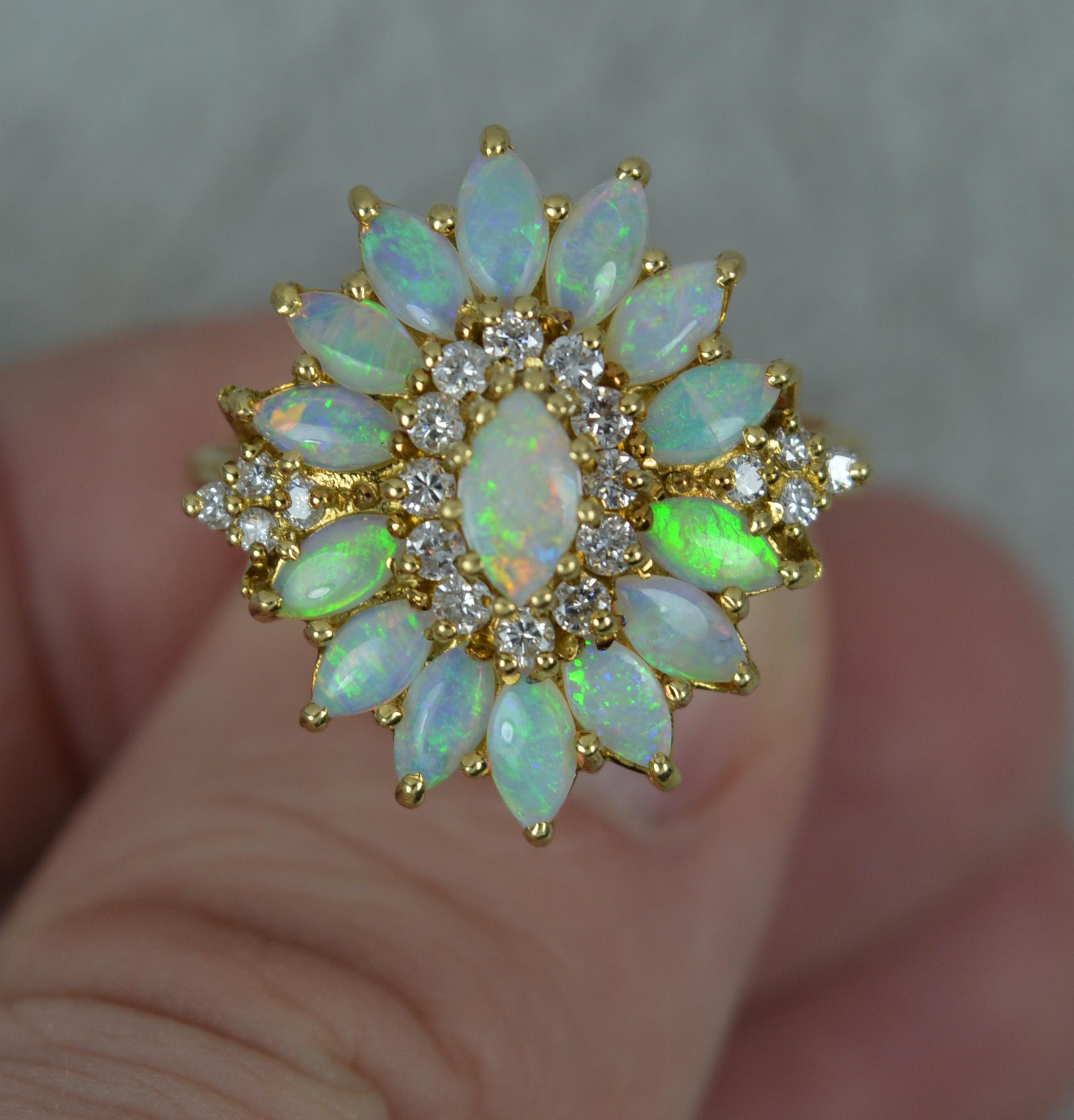 Striking 18 Carat Gold Natural Opal and Diamond Cluster Cocktail Ring For Sale 1