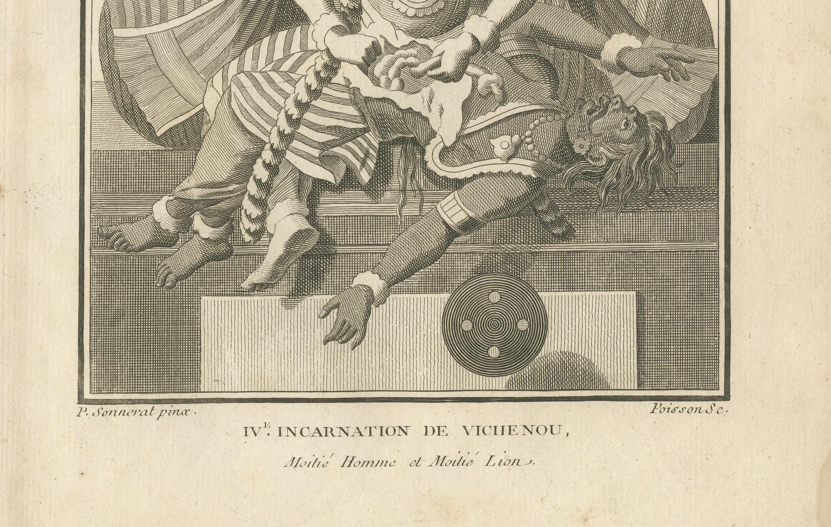 Gravé Remarquable imprimé ancien Avatar de Narasimha Vishnu, lion-Man Avatar, 1806 en vente