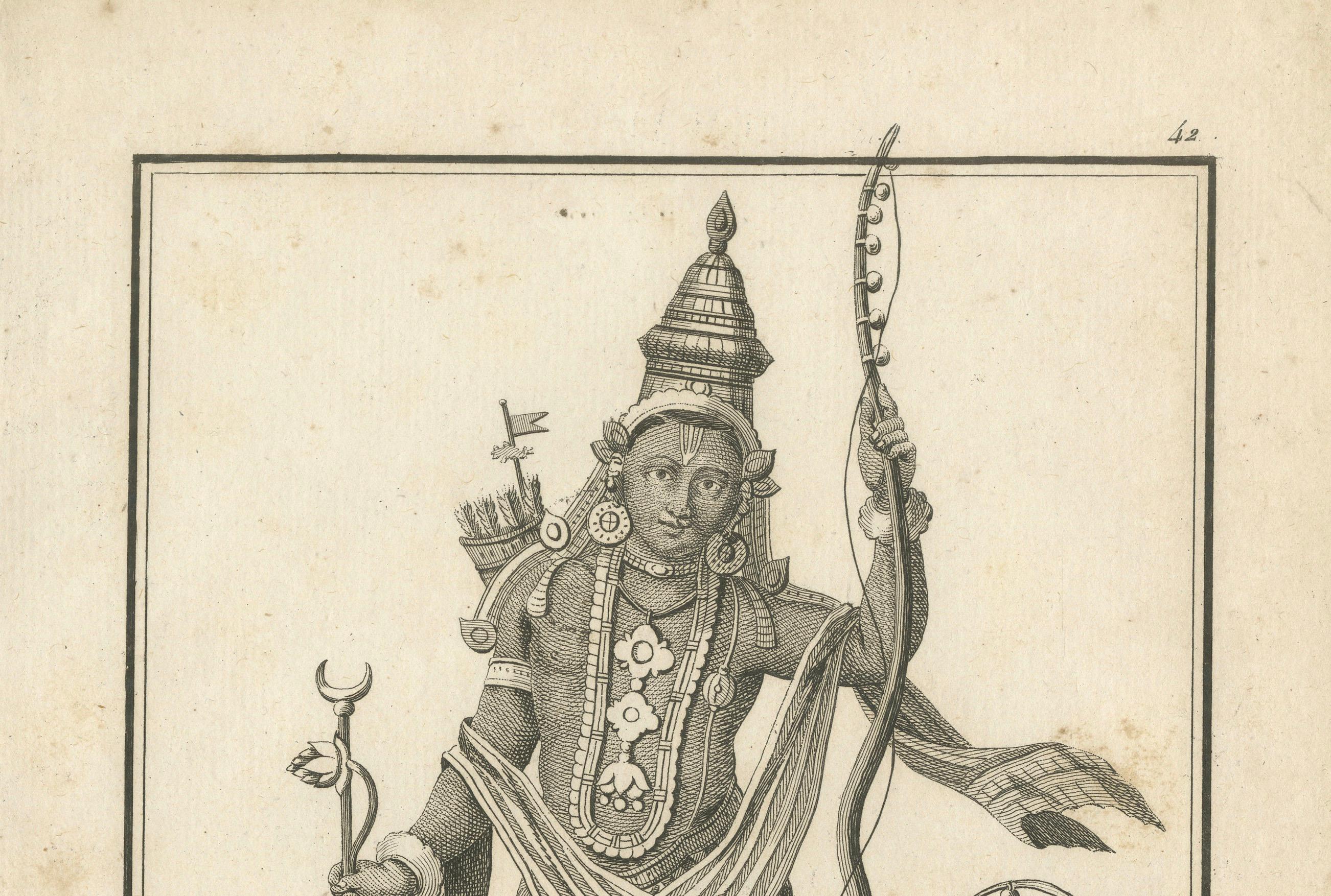 Titre : Gravure ancienne de 1806 Rama Vishnu Avatar avec Hanuman - Gravure hindoue

Description : Cette captivante estampe ancienne, intitulée 