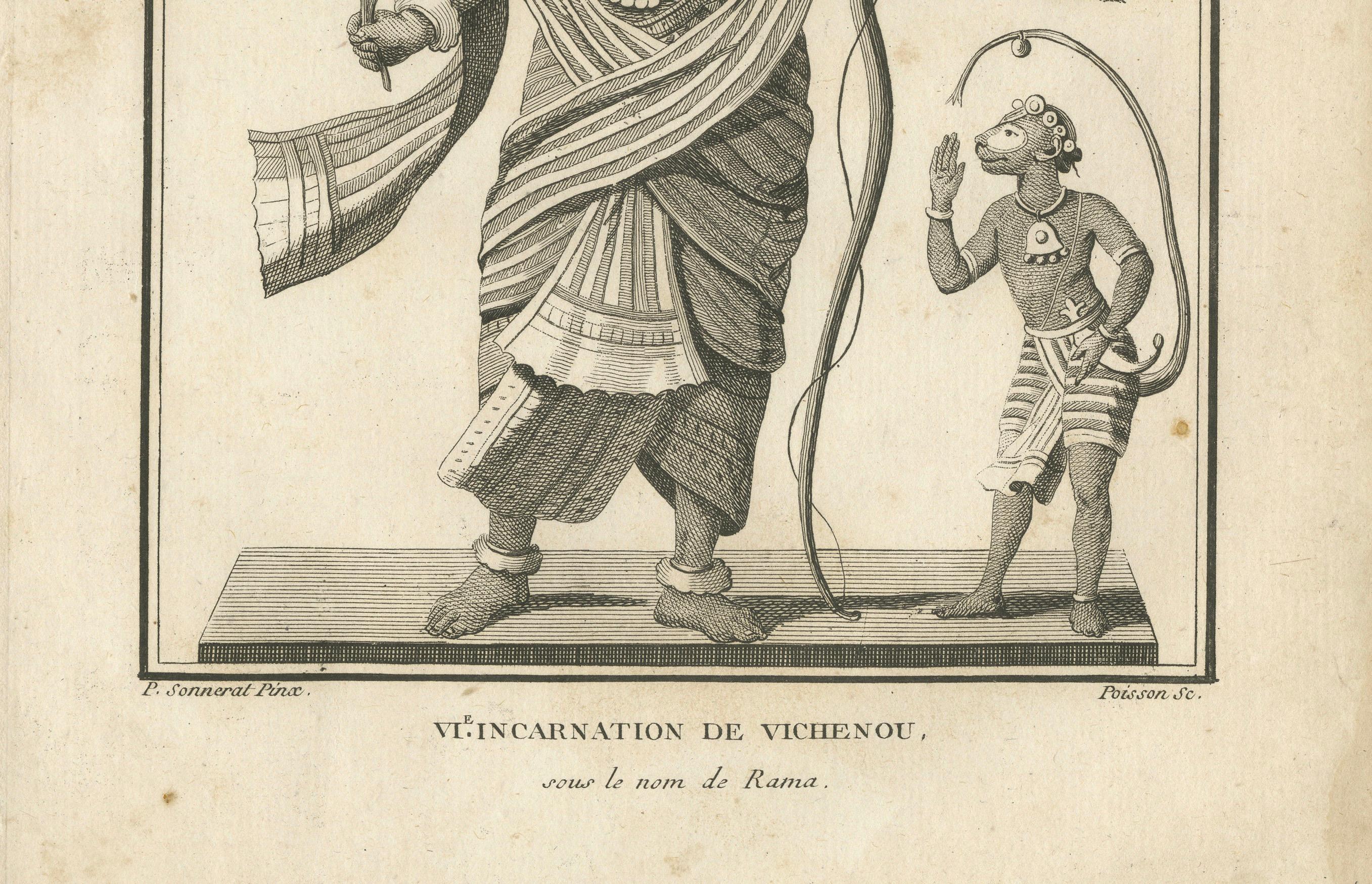 Auffälliger Rama Vishnu Avatar aus dem Jahr 1806 mit antikem Hanuman-Druck – Hindu-Gravur (Graviert) im Angebot