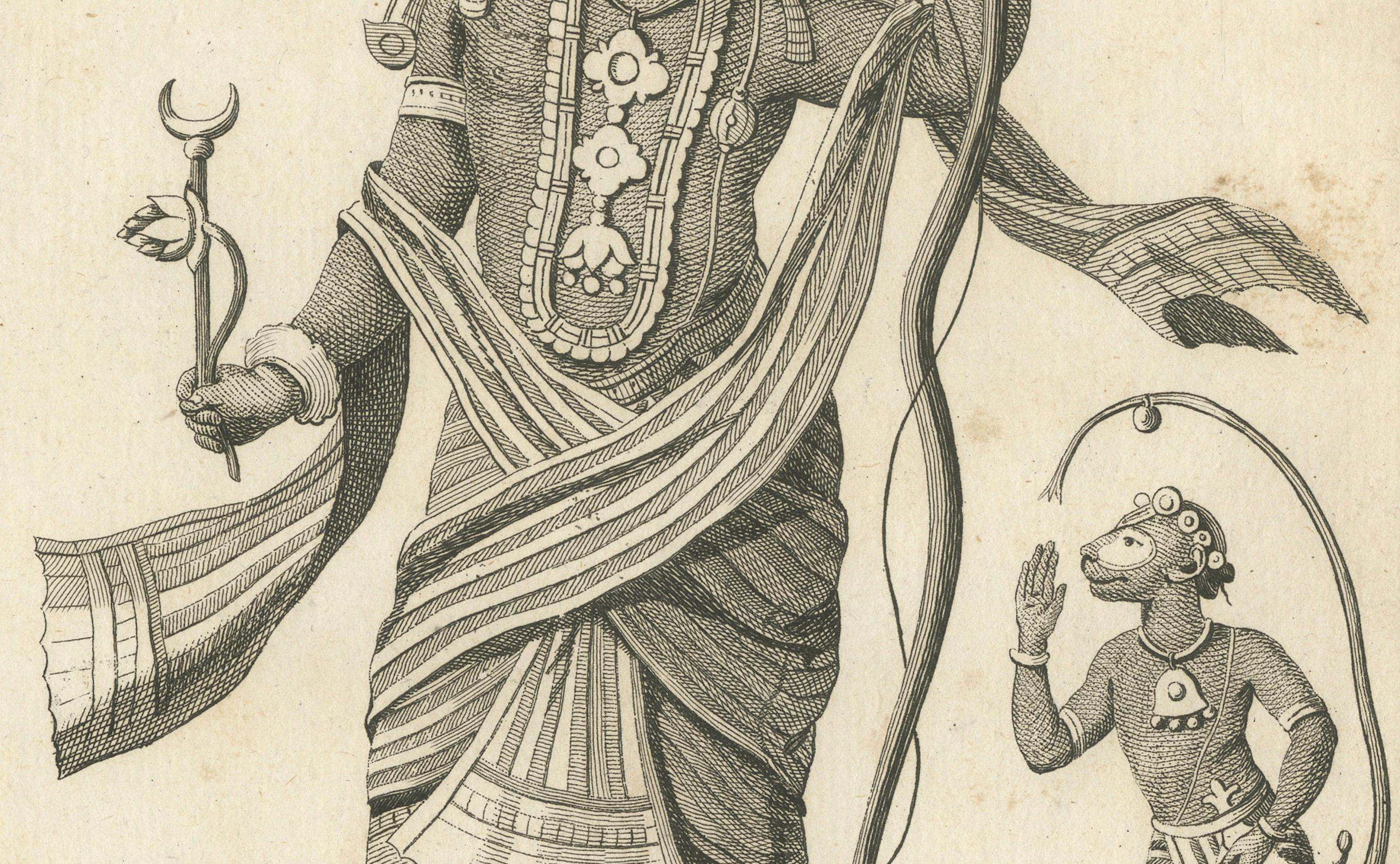Remarquable Avatar Rama Vishnu avec impression ancienne de Hanuman, gravure hindoue, 1806 Bon état - En vente à Langweer, NL