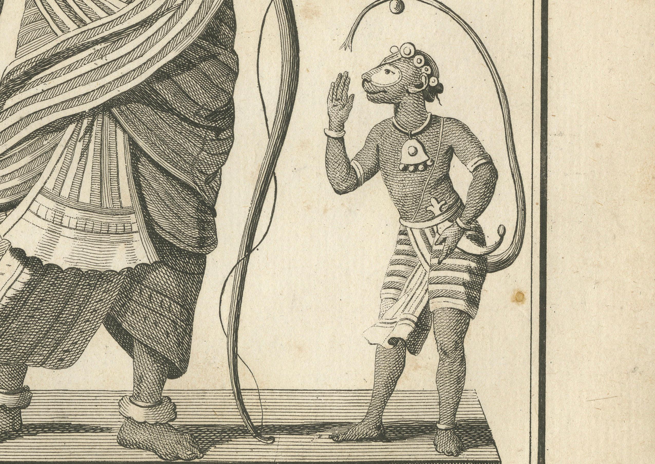 Début du XIXe siècle Remarquable Avatar Rama Vishnu avec impression ancienne de Hanuman, gravure hindoue, 1806 en vente