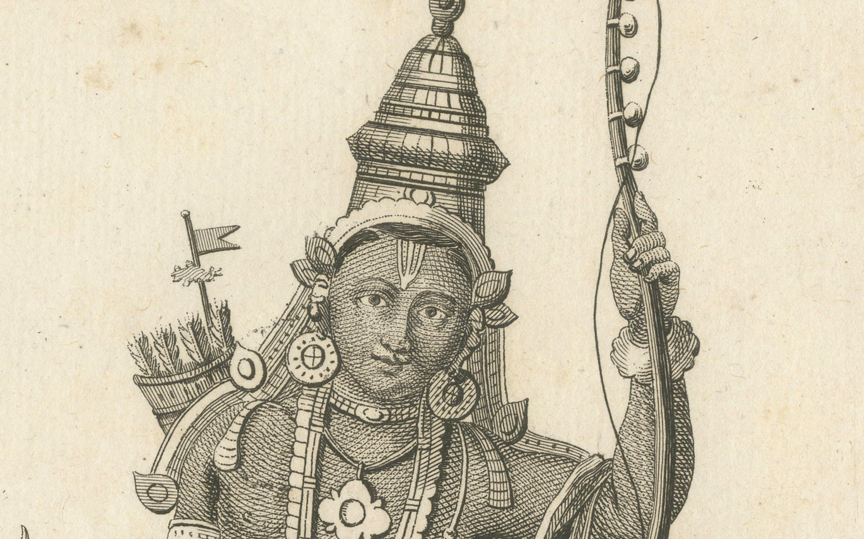 Papier Remarquable Avatar Rama Vishnu avec impression ancienne de Hanuman, gravure hindoue, 1806 en vente
