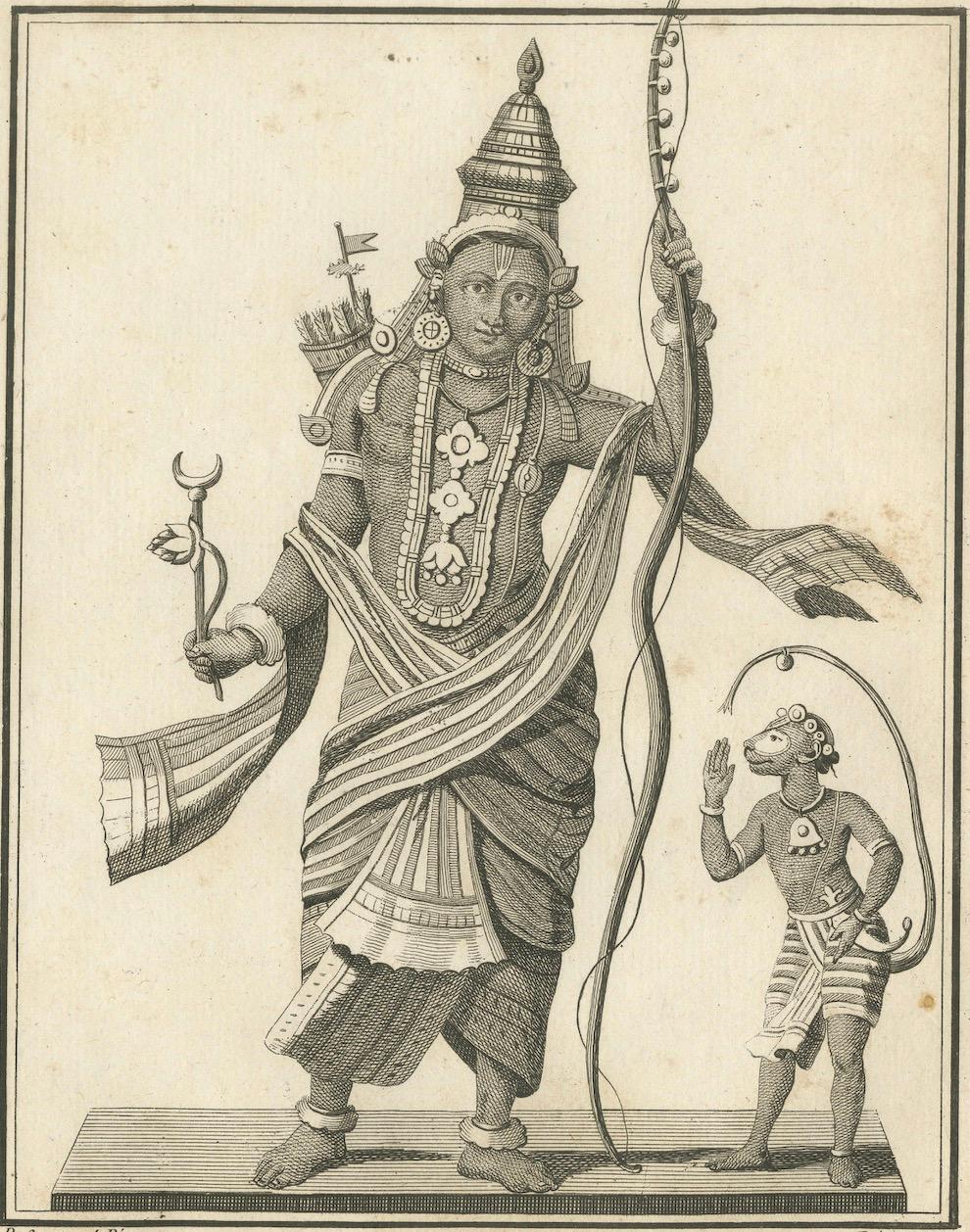 Remarquable Avatar Rama Vishnu avec impression ancienne de Hanuman, gravure hindoue, 1806 en vente 1