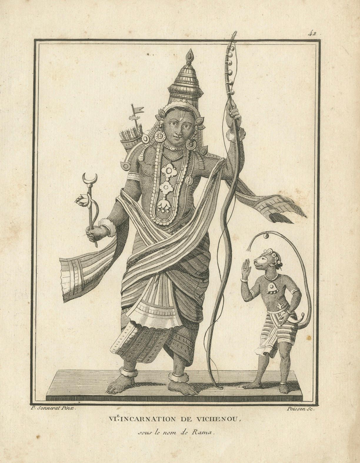 Remarquable Avatar Rama Vishnu avec impression ancienne de Hanuman, gravure hindoue, 1806 en vente 2