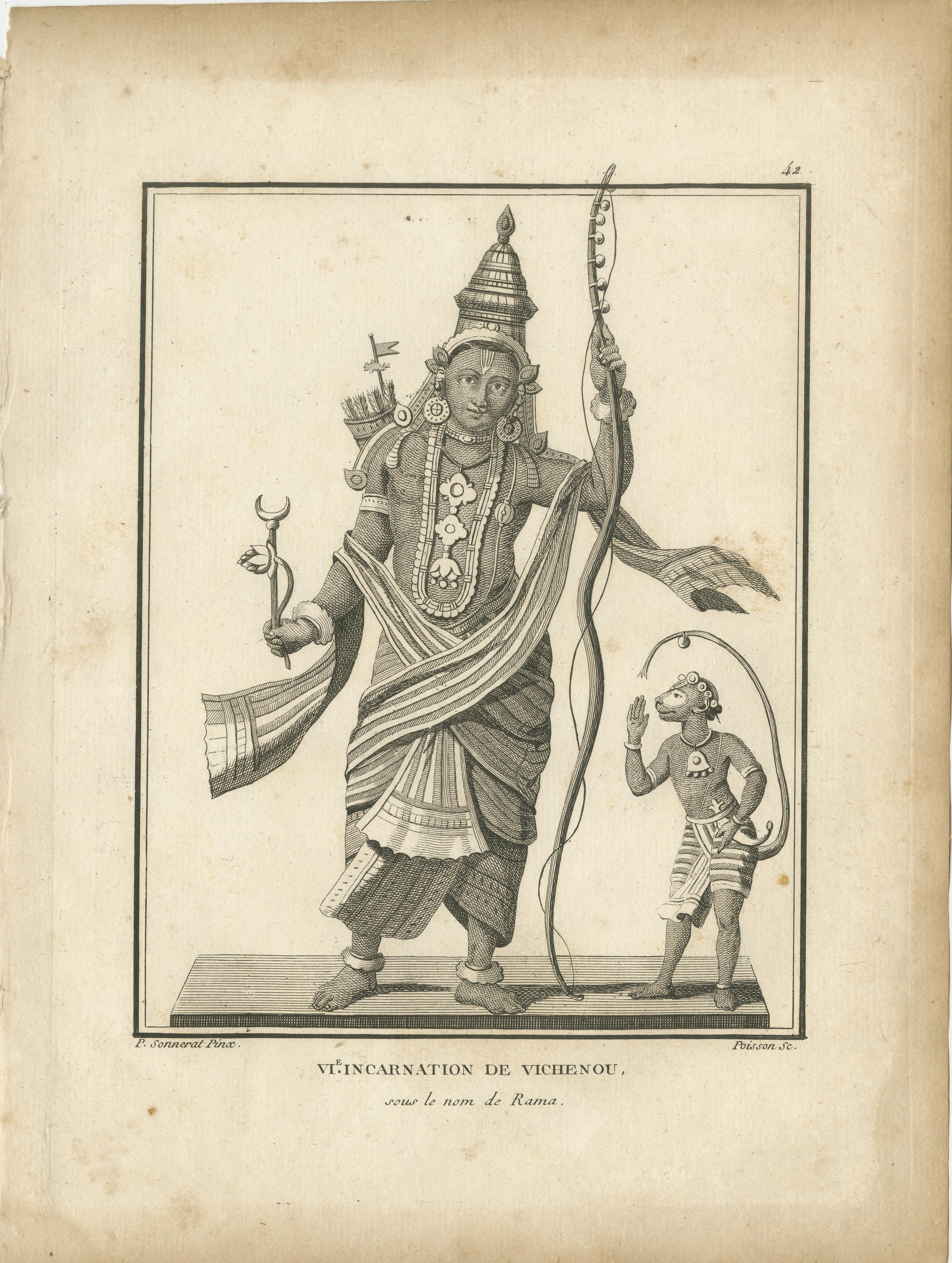 Remarquable Avatar Rama Vishnu avec impression ancienne de Hanuman, gravure hindoue, 1806 en vente 3