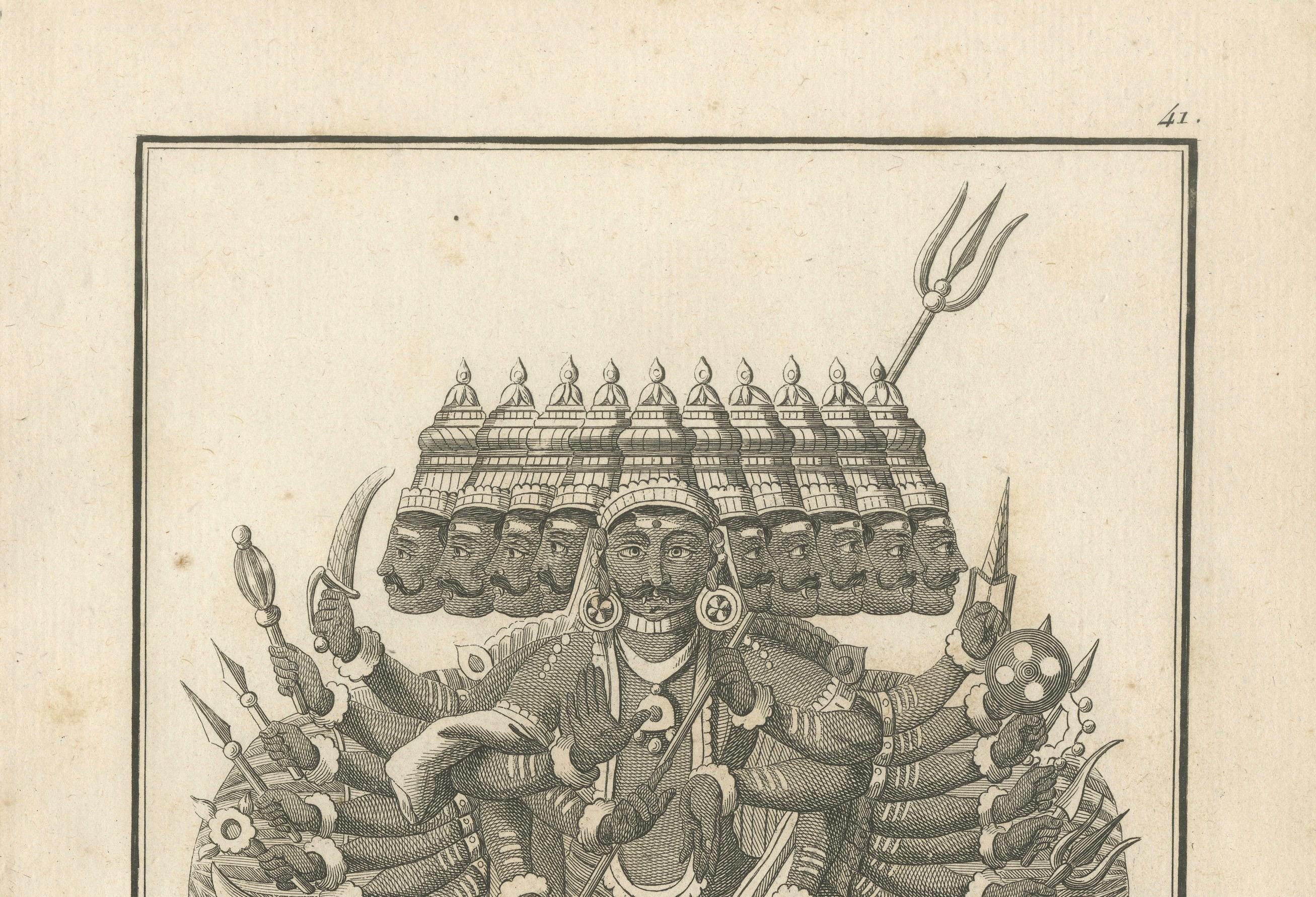 Gravé Remarquable gravure ancienne du roi Ravana Demon de 1806 - gravure hindoue Ramayana en vente