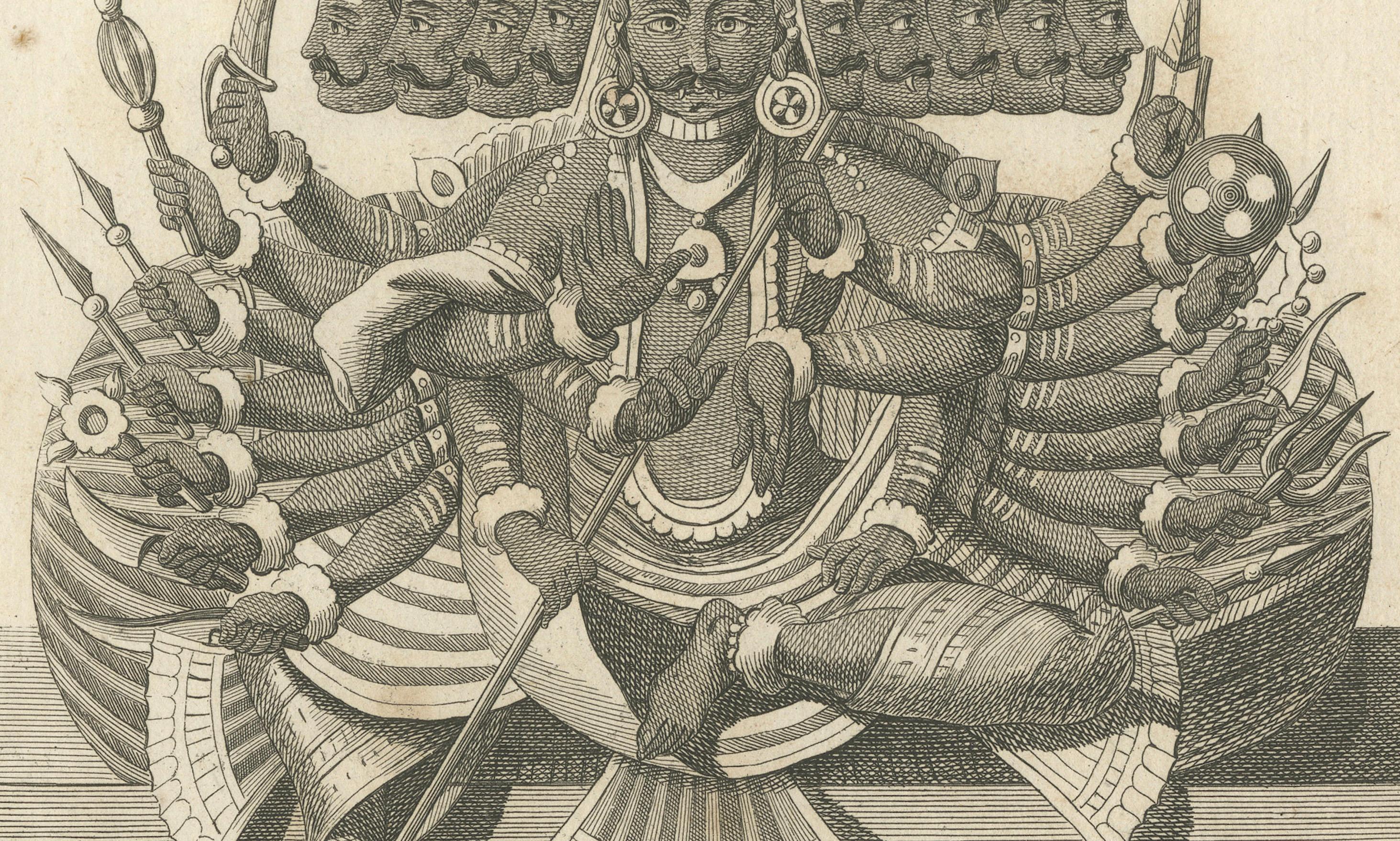 Papier Remarquable gravure ancienne du roi Ravana Demon de 1806 - gravure hindoue Ramayana en vente