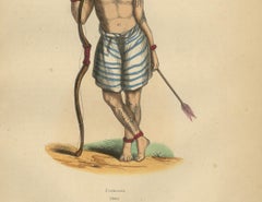 Straordinaria litografia del 1844 raffigurante un guerriero formosano (taiwanese) in abiti tradizionali