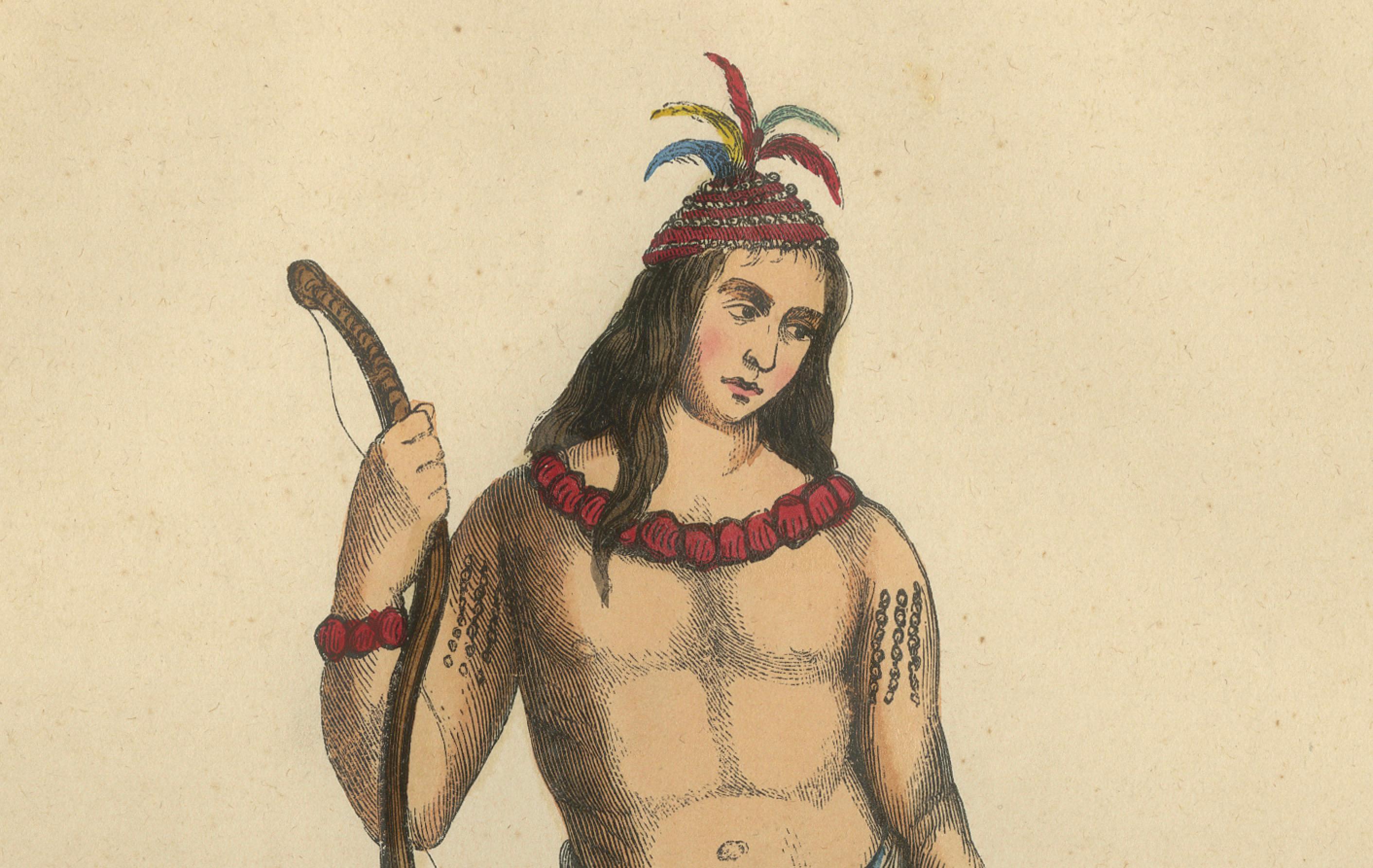 Striking 1844 Lithograph of a Formosan (Taiwanese) Warrior in Traditional Attire In Good Condition For Sale In Langweer, NL