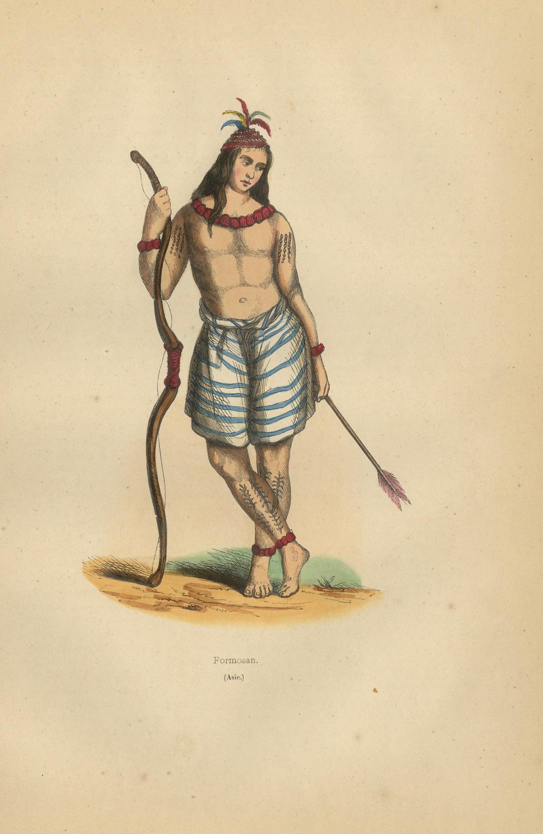 Mid-19th Century Striking 1844 Lithograph of a Formosan (Taiwanese) Warrior in Traditional Attire For Sale