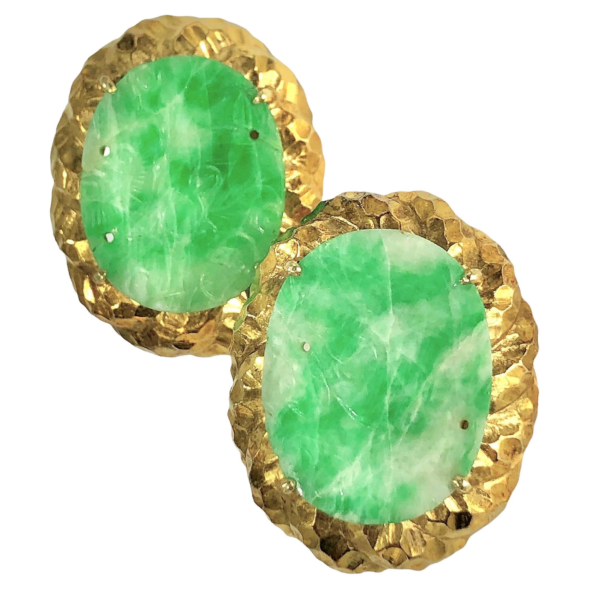 Striking 18K Yellow Gold and Jade Earrings by Designer Keil