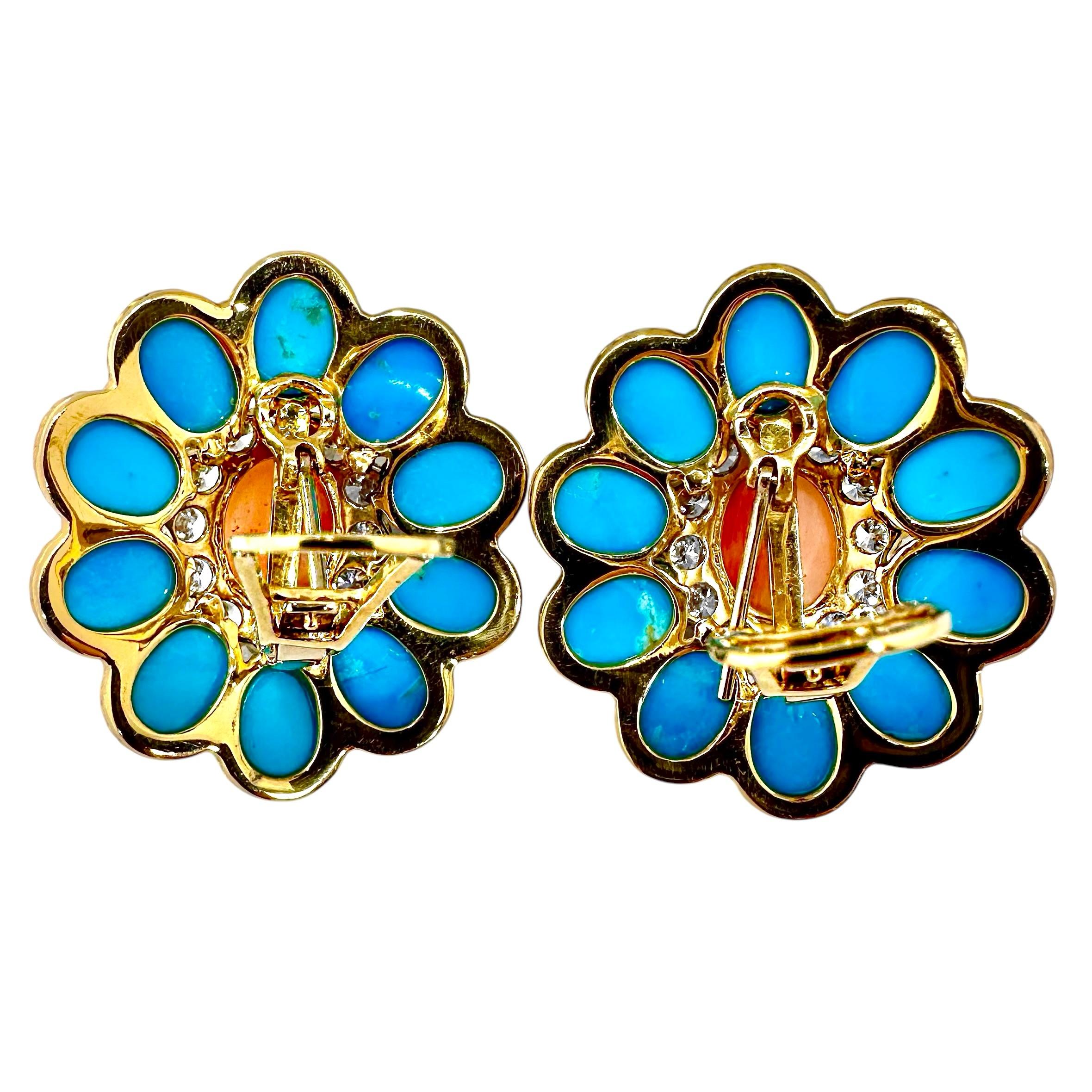 Auffällige Ohrringe aus 18 Karat Gelbgold Vintage Engelshaut Koralle, Türkis & Diamant (Moderne) im Angebot
