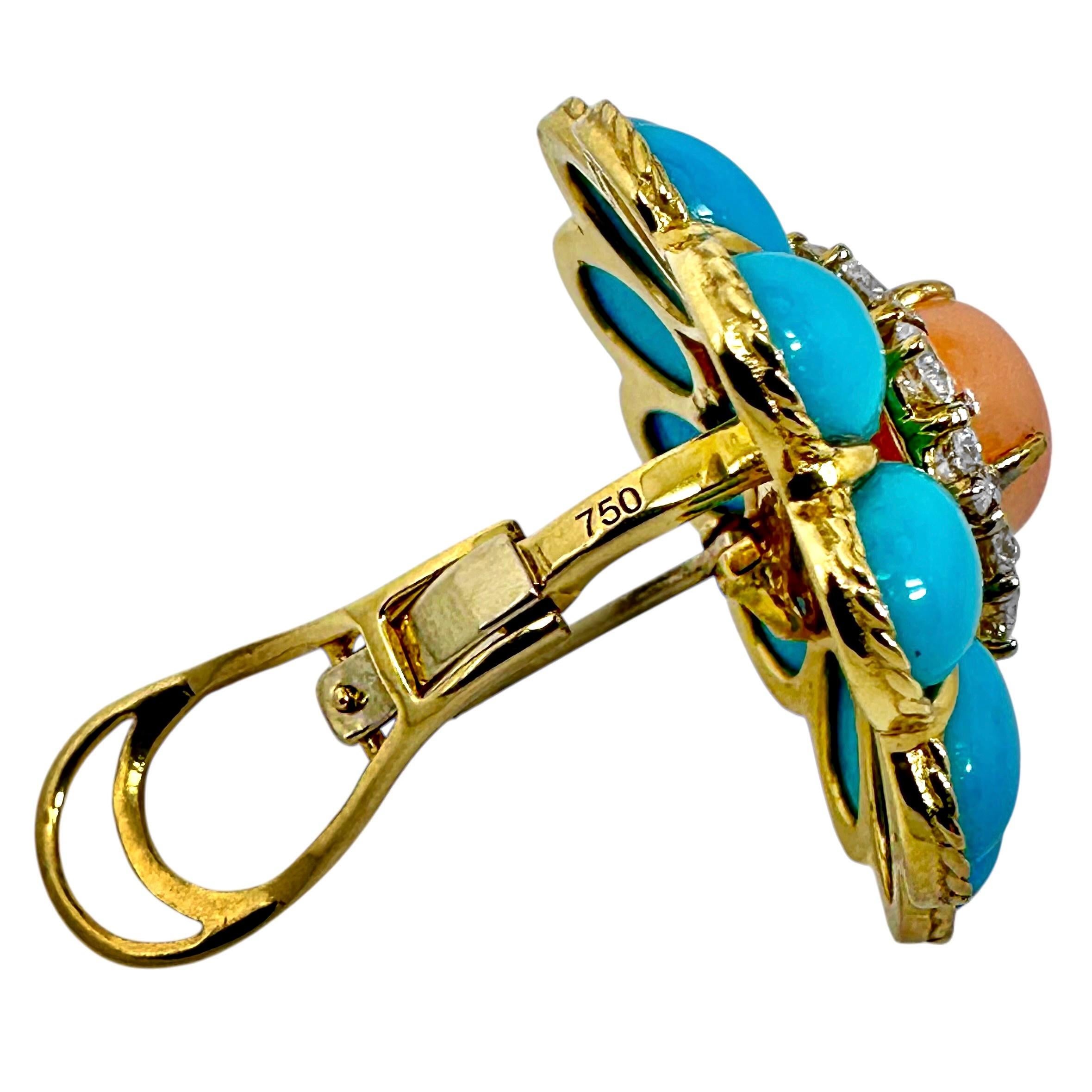 Auffällige Ohrringe aus 18 Karat Gelbgold Vintage Engelshaut Koralle, Türkis & Diamant im Zustand „Gut“ im Angebot in Palm Beach, FL