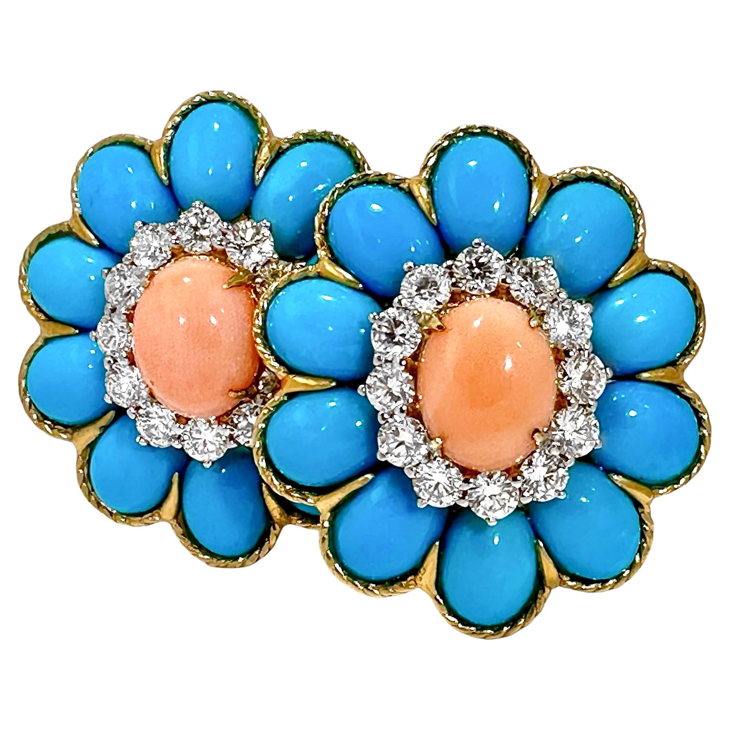 Striking 18K Yellow Gold Vintage Angel Skin Coral, Turquoise, & Diamond Earrings