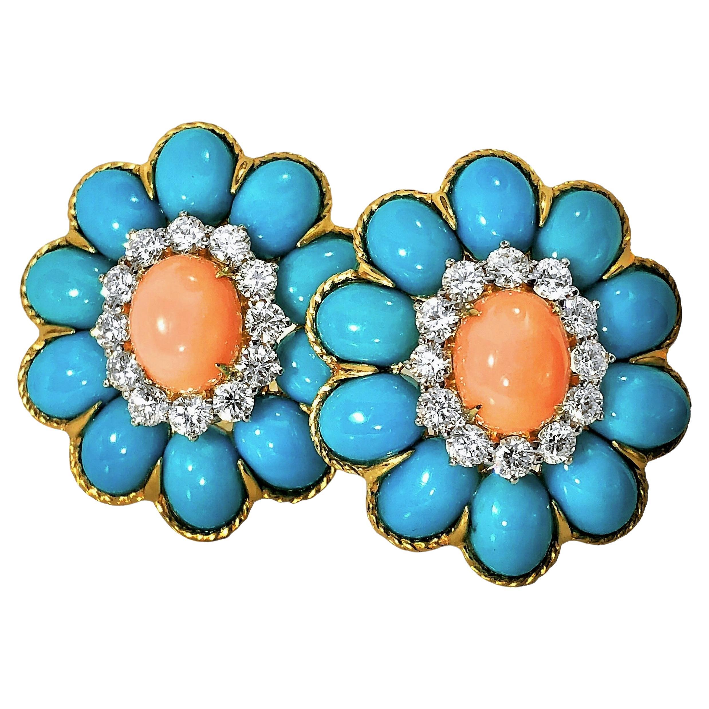 Auffällige Ohrringe aus 18 Karat Gelbgold mit Koralle, Türkis und Diamanten