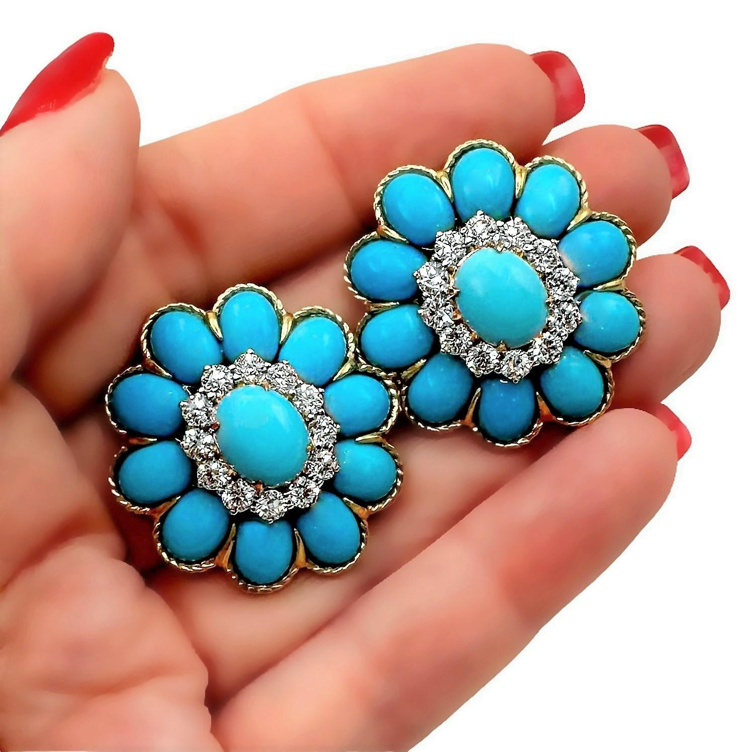Striking 18K Yellow Gold Vintage Turquoise and Diamond Earrings For Sale 3